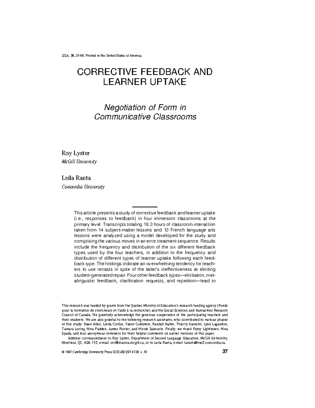SSLA 20: Corrective Feedback and Learner Uptake in Immersion Classrooms ...