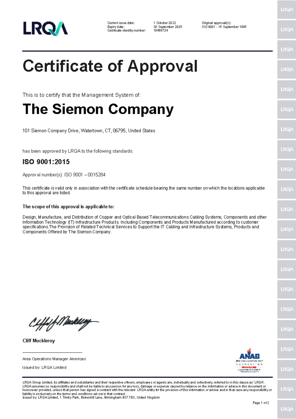 Siemon Company ISO 9001:2015 Certificate of Approval - Studocu
