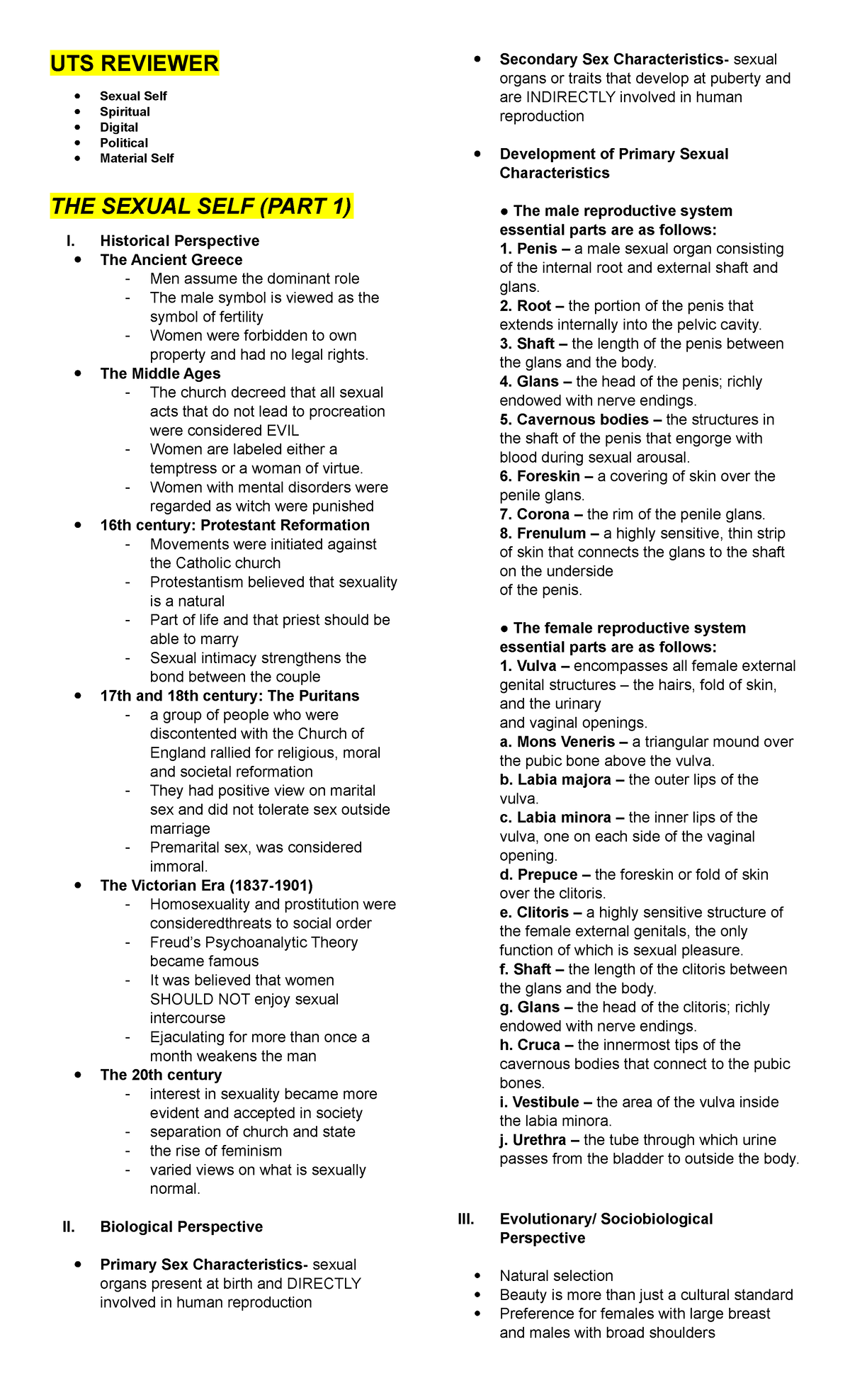 Sexual Self Perspectives: A Comprehensive UTS Reviewer Guide - Studocu
