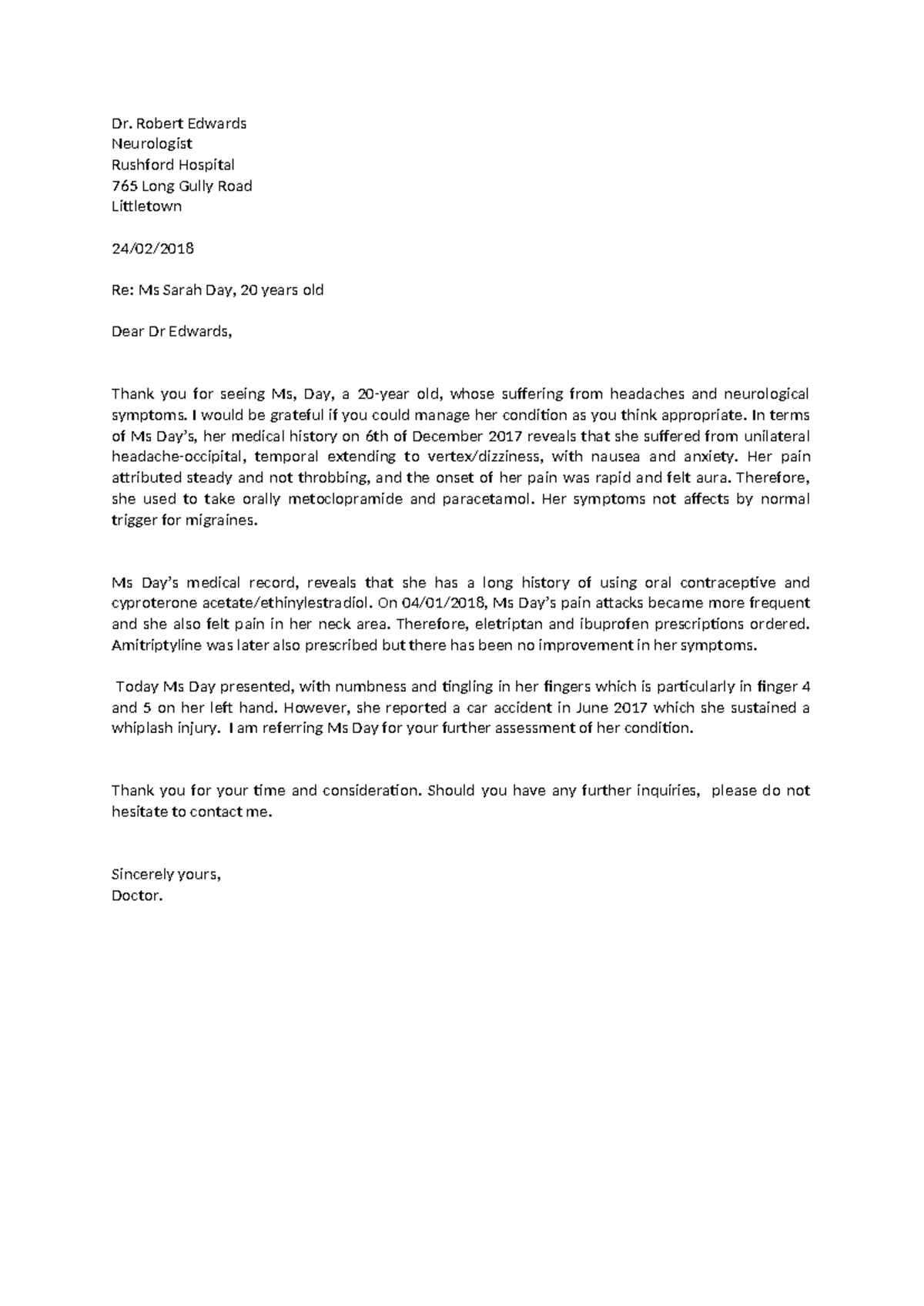 Sarah Day - OET Neurological Assessment Referral Letter - Studocu