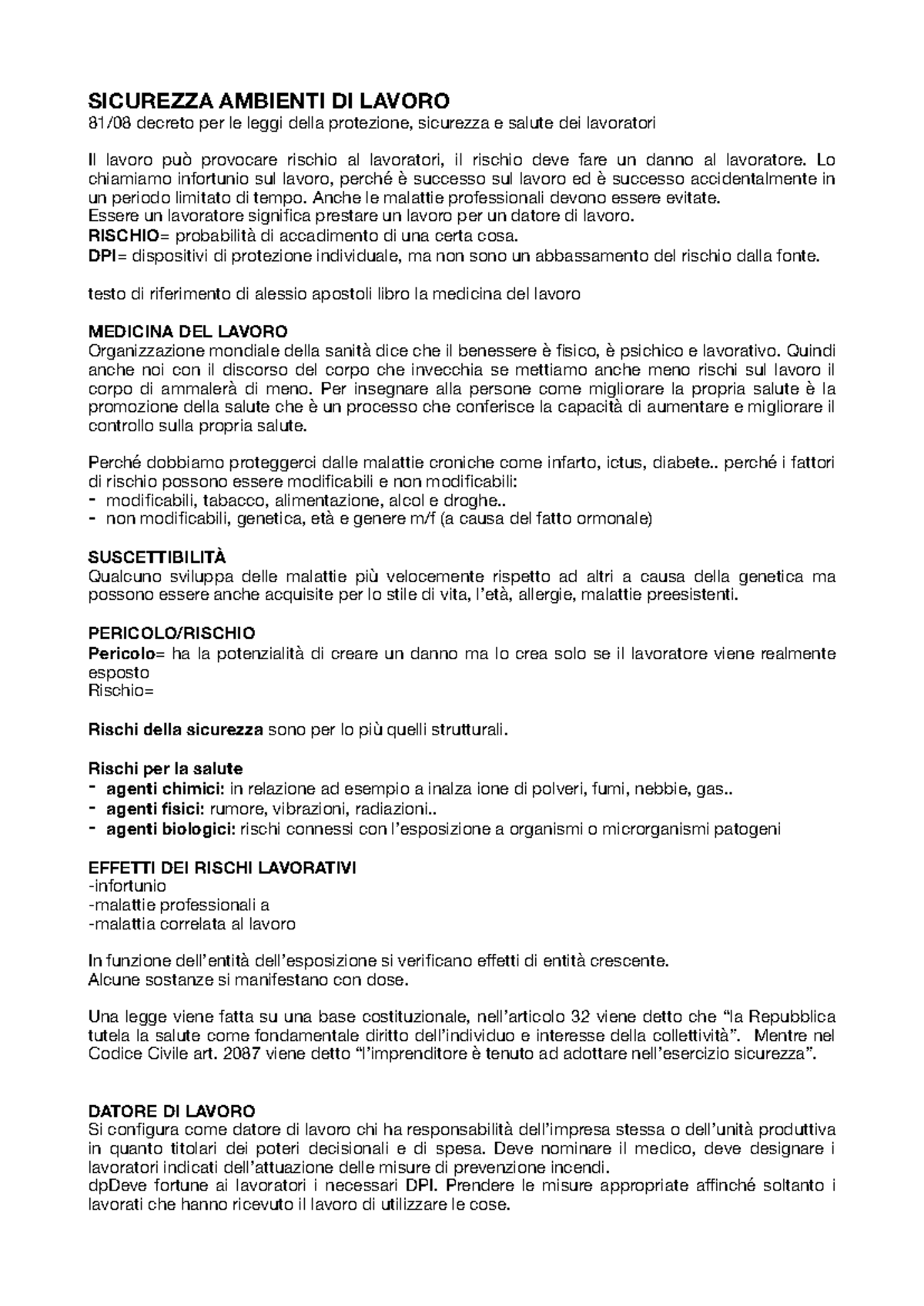 SICUREZZA AMBIENTI DI LAVORO: Rischi e Protezione dei Lavoratori - Studocu