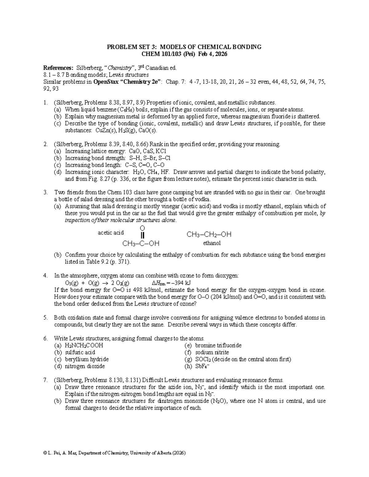 Problem Set 3: Models of Chemical Bonding CHEM (Pei) - Lewis Structures ...