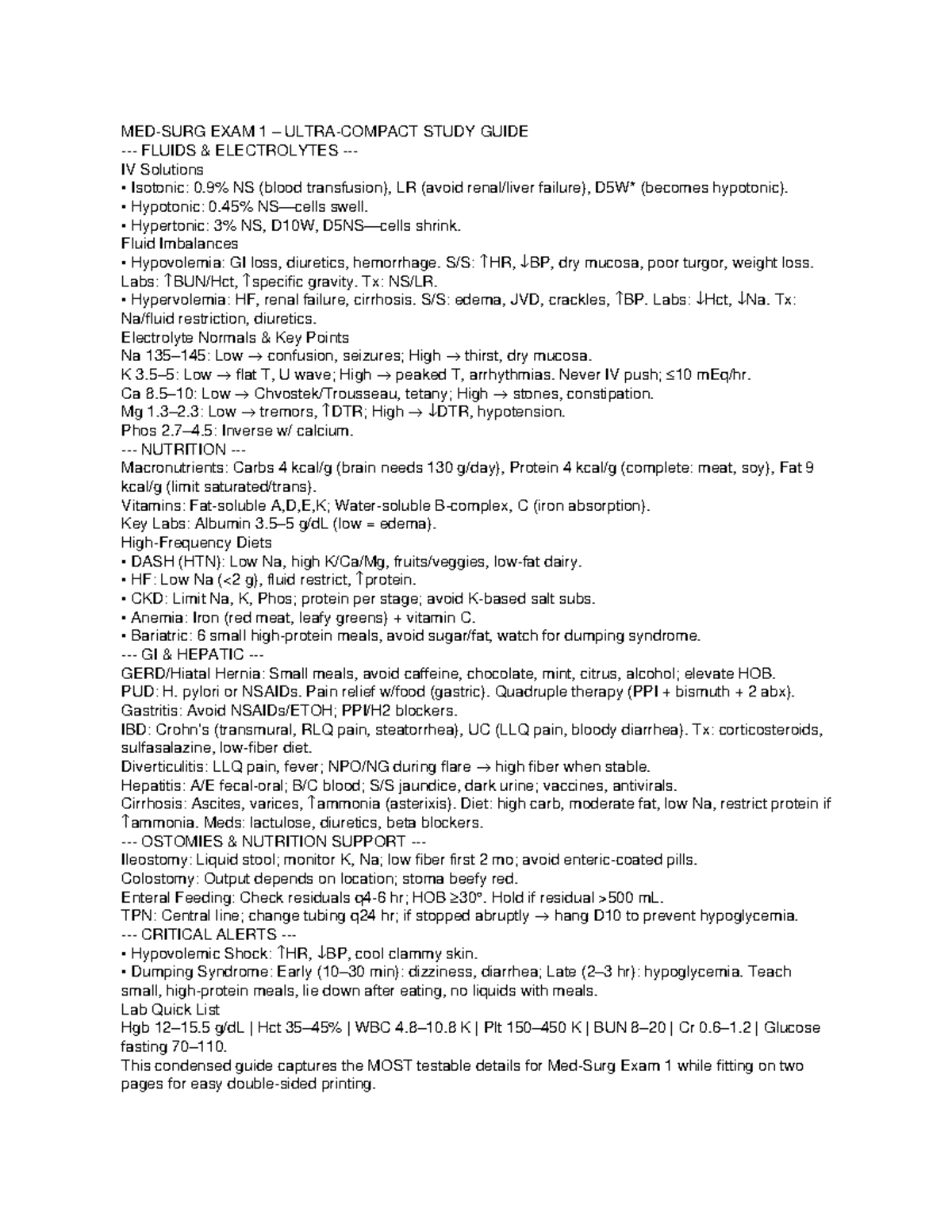 Med Surg Exam 1 Study Guide: Fluids & Electrolytes Overview - Studocu