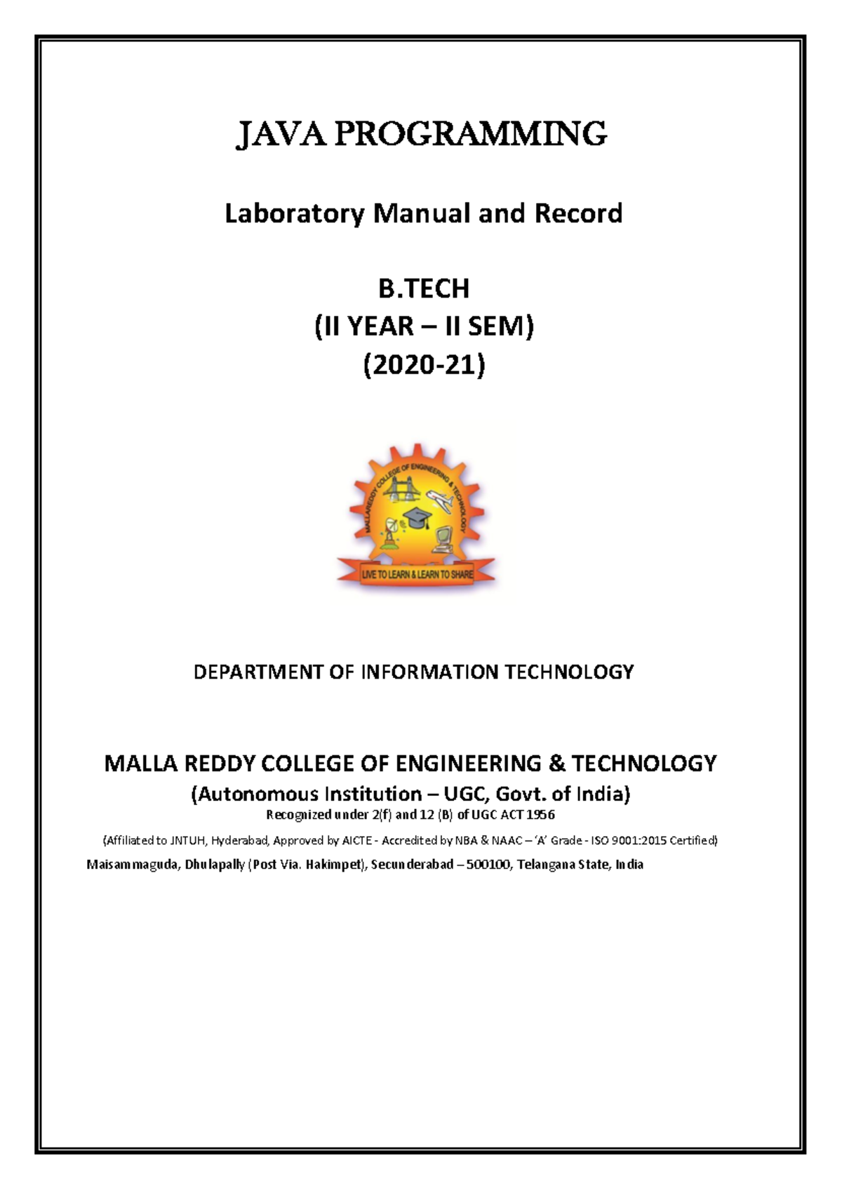 IT II B.TECH SEM - II JAVA LAB Manual (2020-21) - Studocu