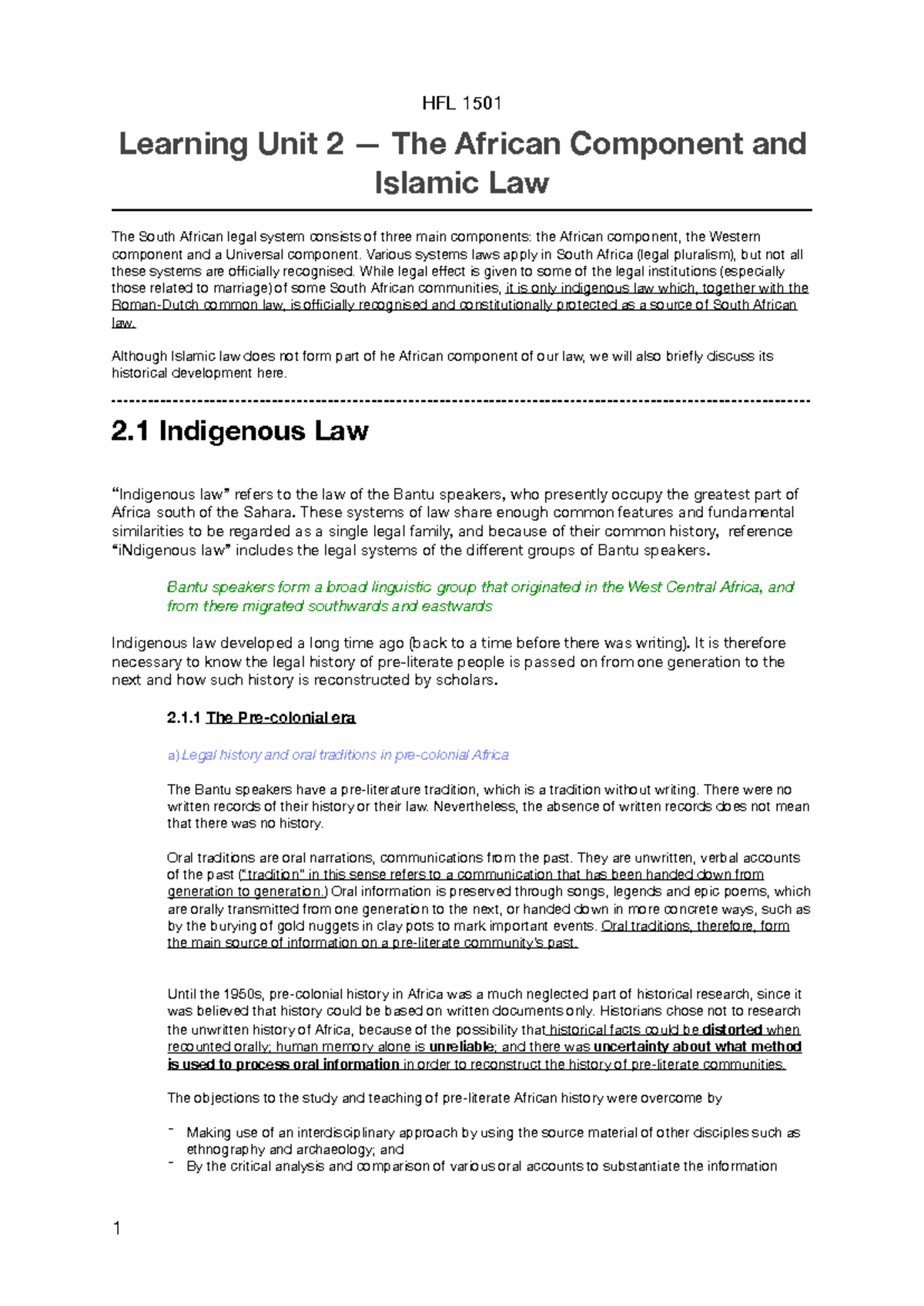 The African Component & Islamic Law: A Legal Framework Overview - Studocu
