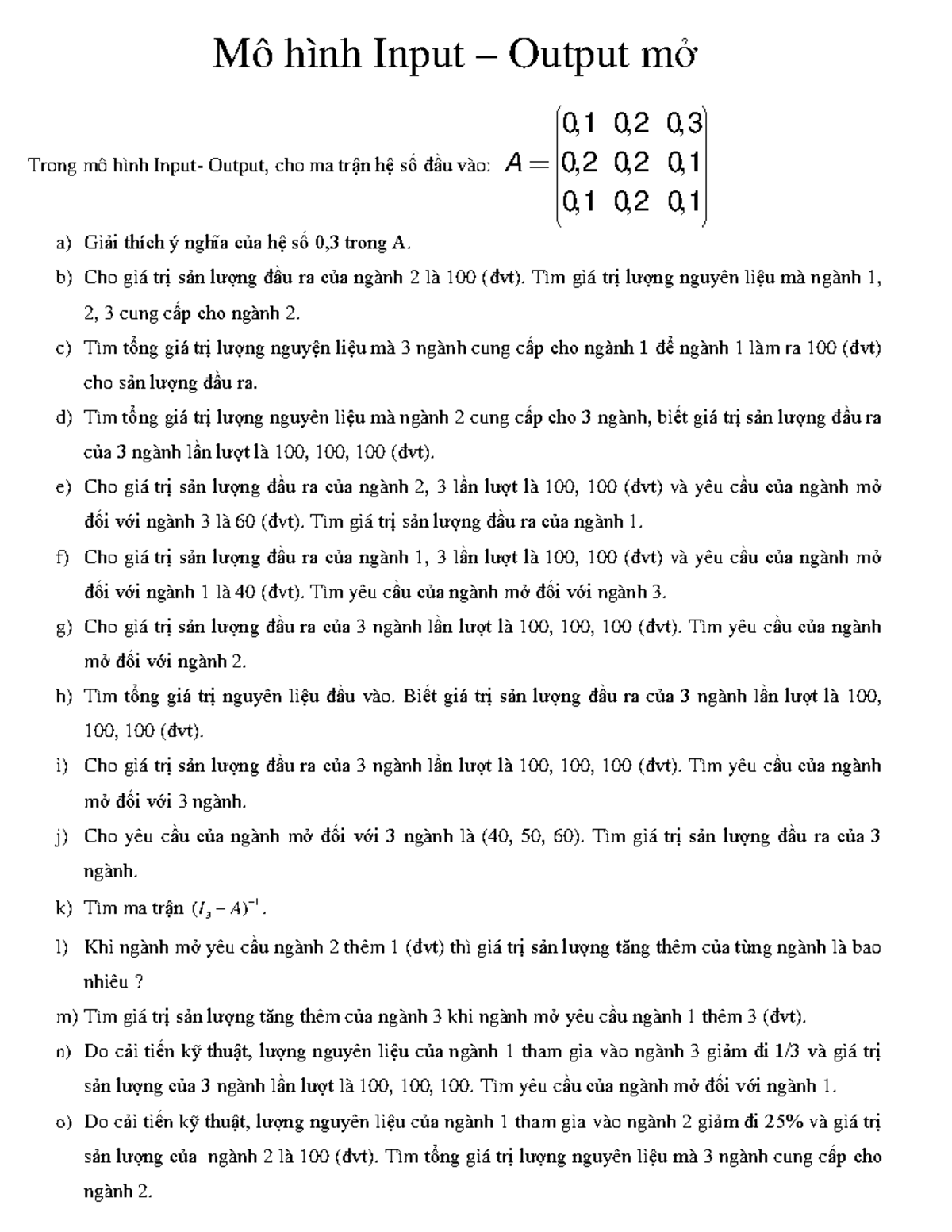 Bài tập Toán Kinh tế - Mô hình Input-Output (BT Input Output) - Studocu