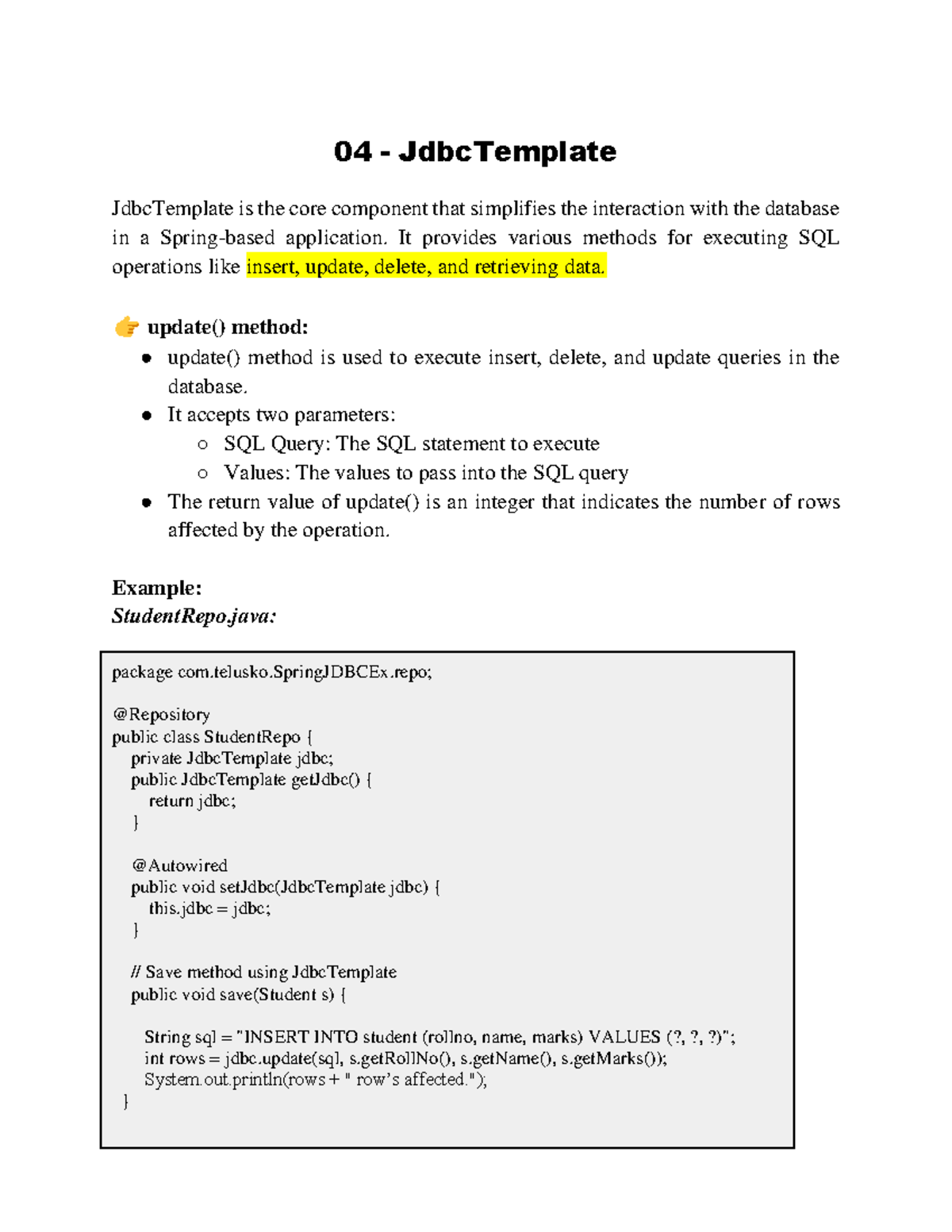 JdbcTemplate Overview and Usage in Database Operations - Studocu