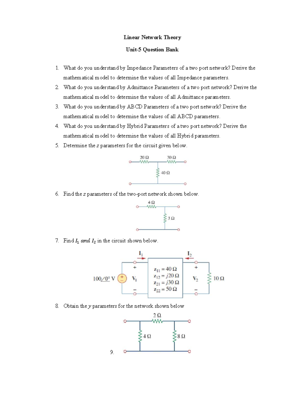 Linear Network Theory (ENGR 101) Unit-5 Question Bank Notes - Studocu