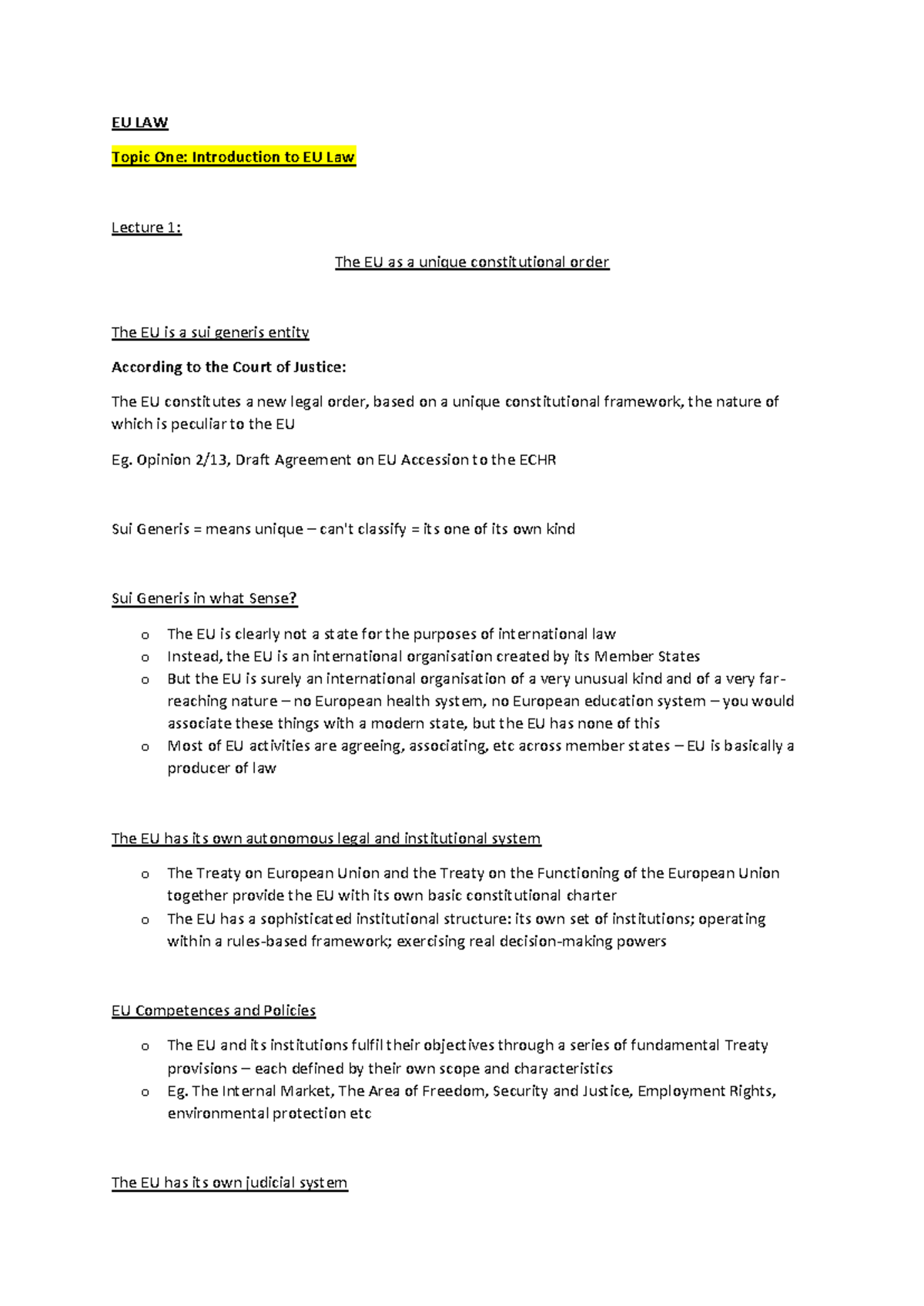 EU LAW - L1 and 2 - Intro - lecture 1 and 2 - EU LAW Topic One ...