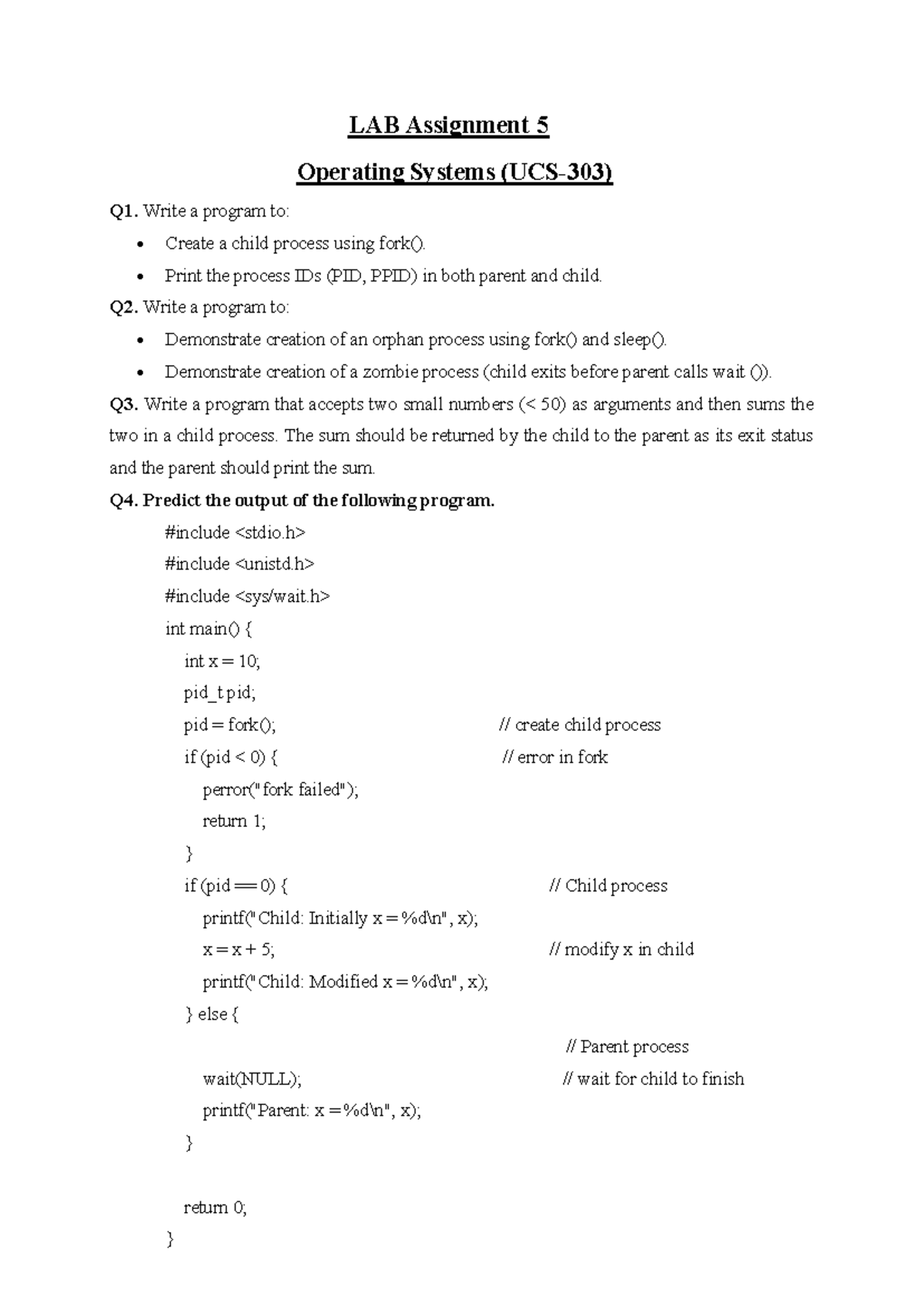 OS LAB Assignment 5: Process Management & System Calls - Studocu