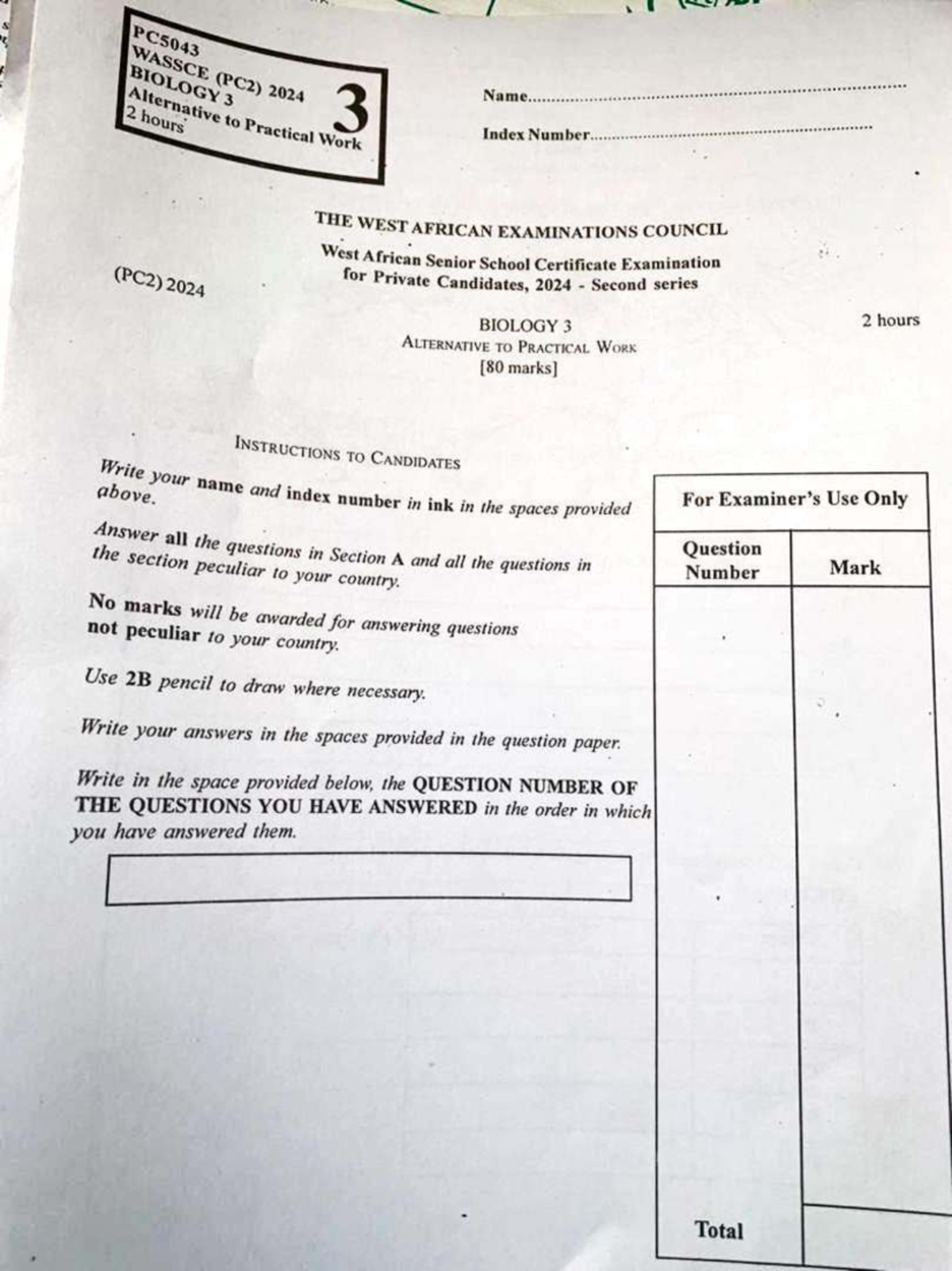 Biology PC5043 - WASSCE Alternative to Practical Work Nov-Dec 2024 ...