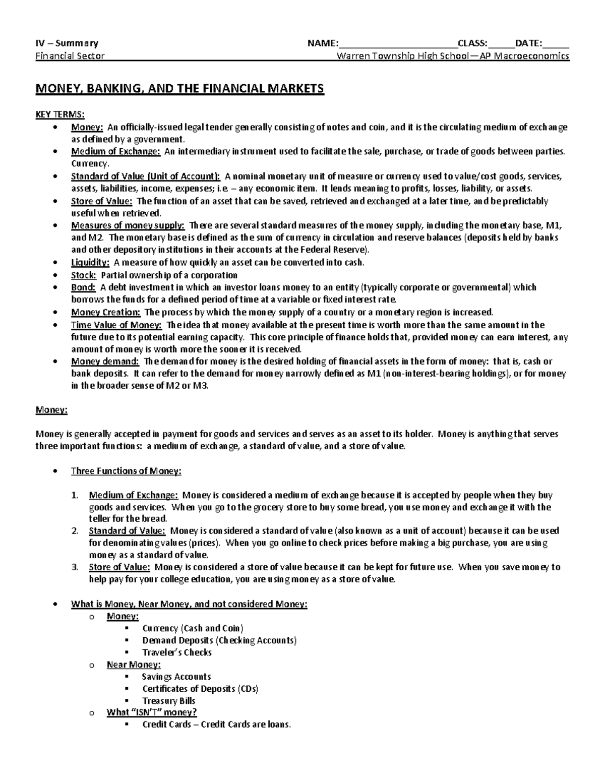 AP Macroeconomics Unit IV: Money, Banking, and Financial Markets ...