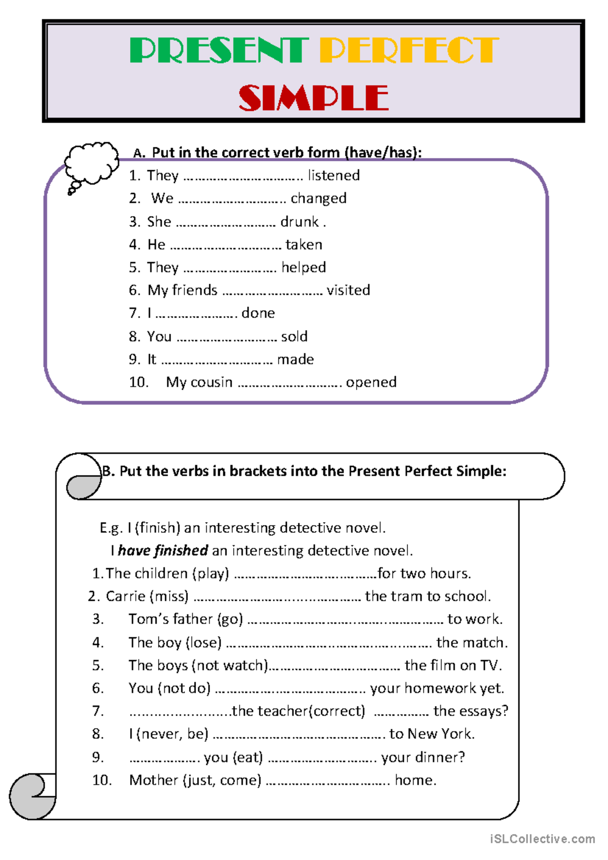 Present Perfect Simple Worksheet for Practice - Studocu