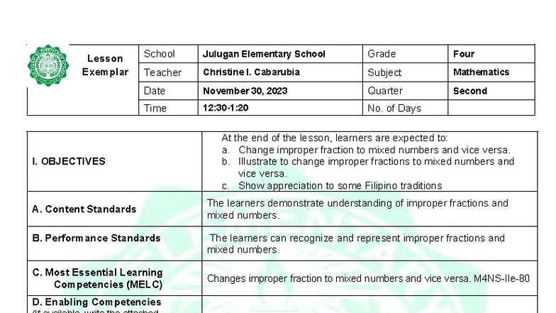 Daily Lesson Plan: Mathematics 4 - Changing Improper Fractions to Mixed ...