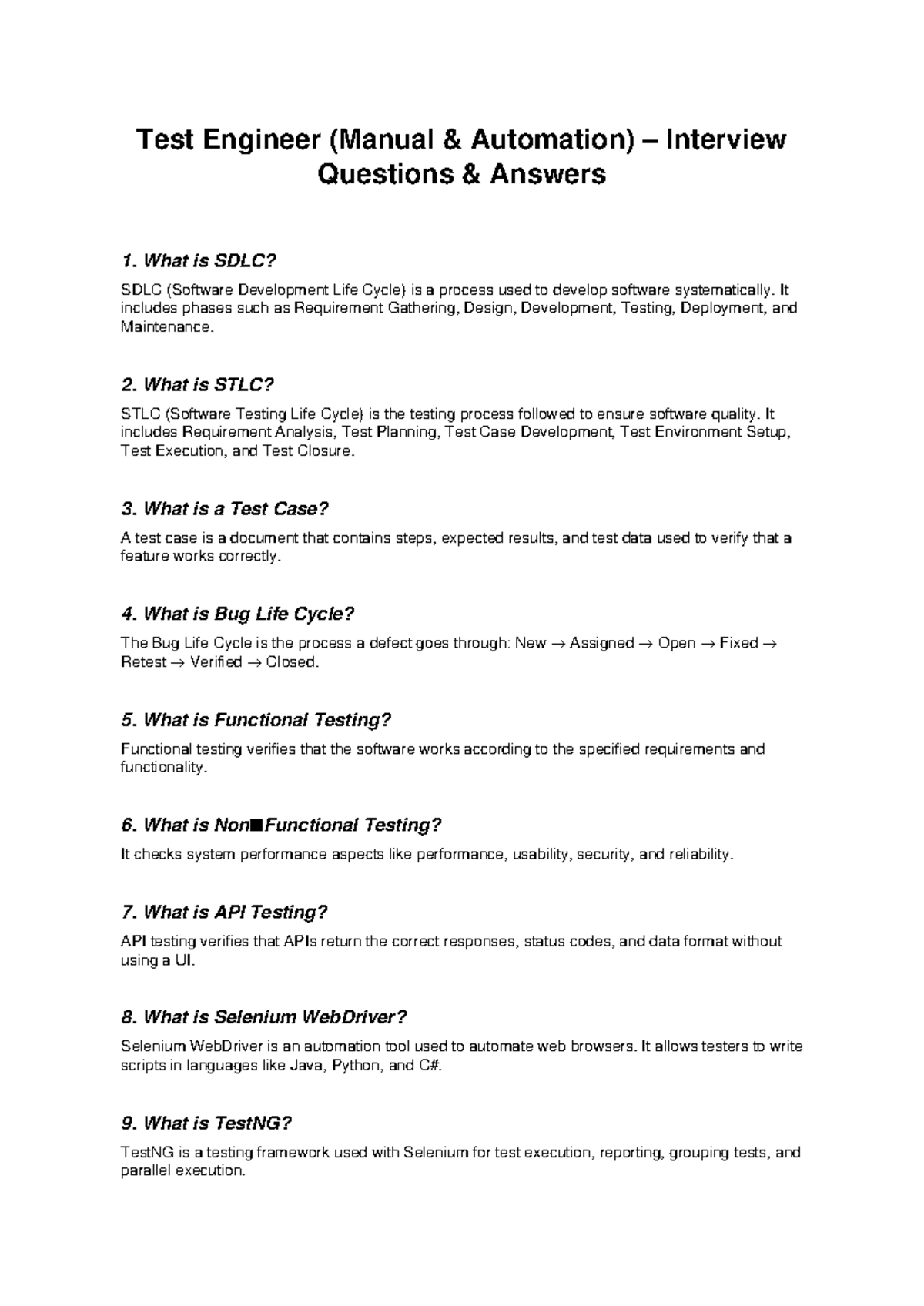 Test Engineer (Manual & Automation) Interview Q&A Guide - Studocu