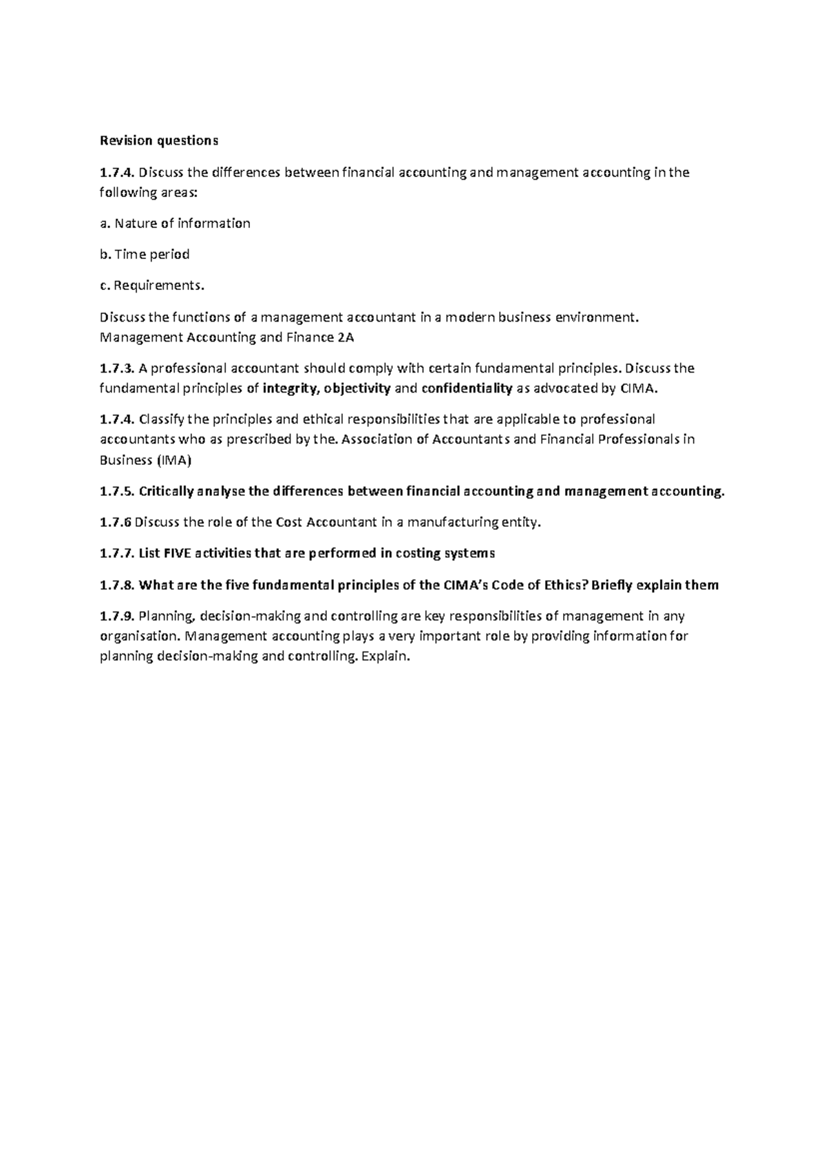 Revision Questions for Management Accounting & Finance (MAF 2A) - Studocu