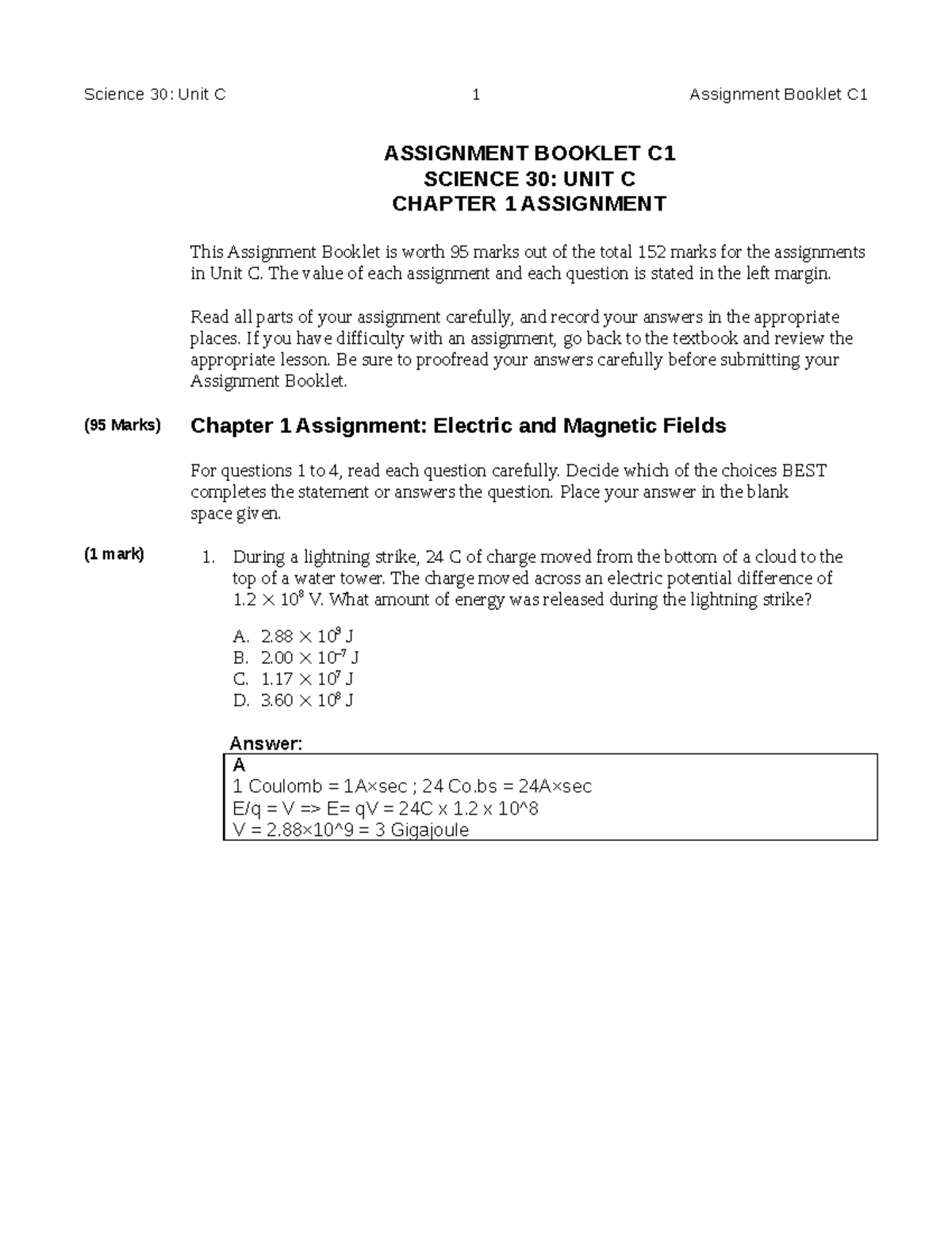 Science 30: Unit C Chapter 1 Assignment Booklet (95 Marks) - Studocu