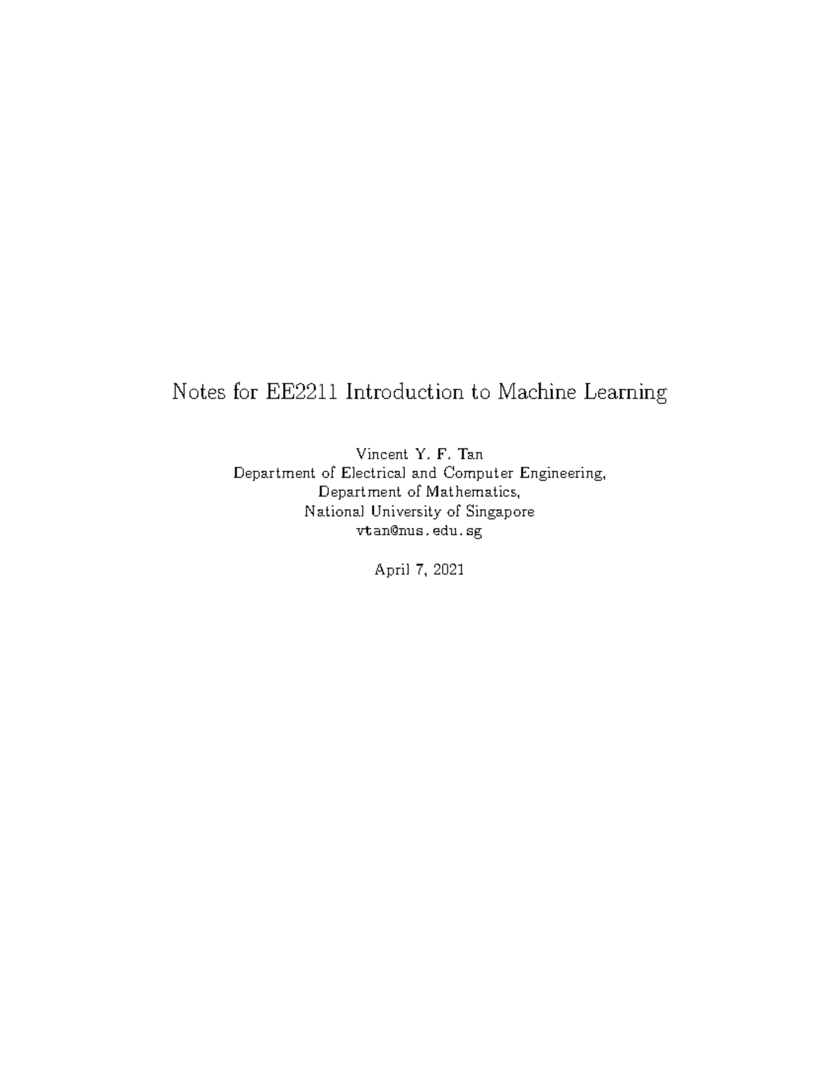 EE2211 Lecture Notes: Introduction to Machine Learning - Studocu