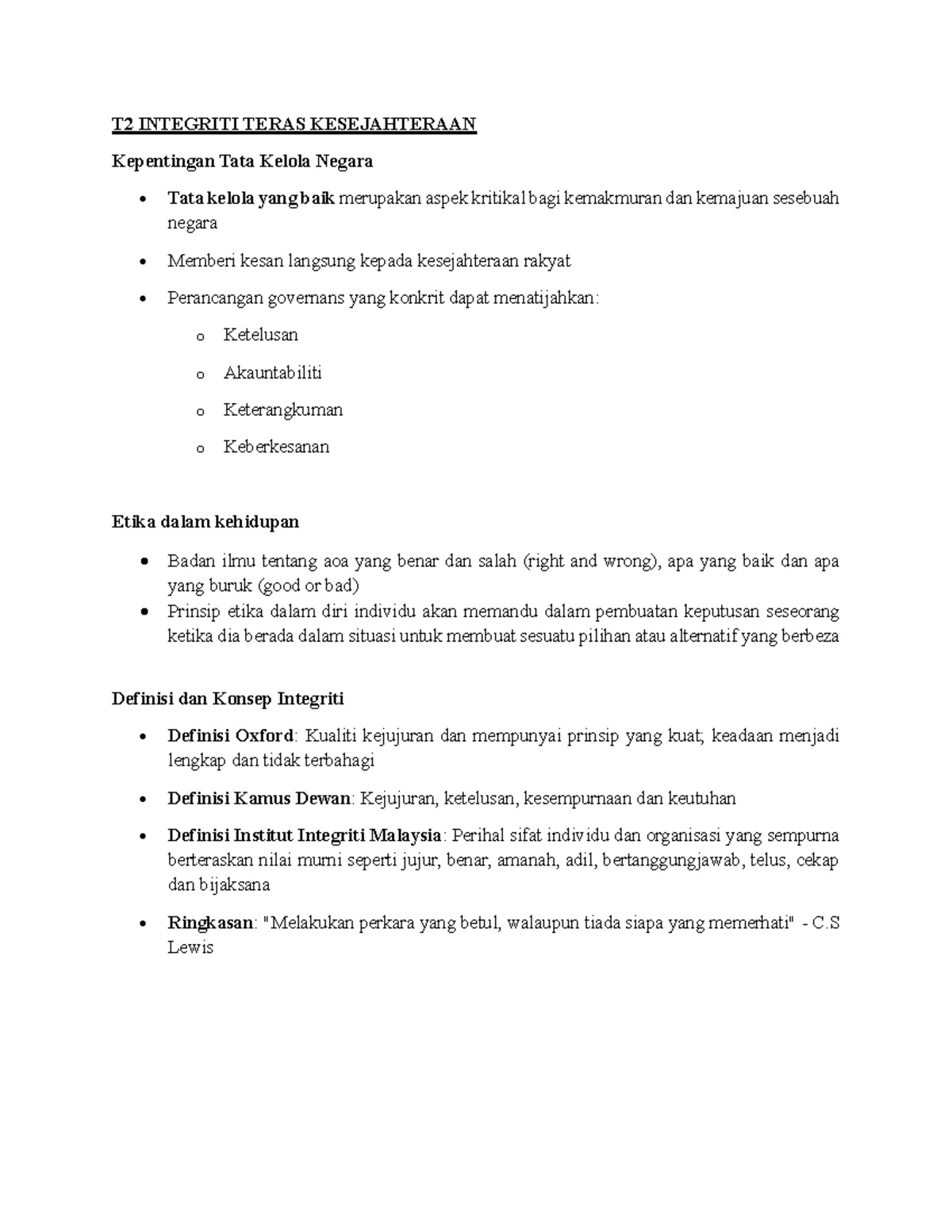 NOTA T2: Integriti sebagai Teras Kesejahteraan dan Tata Kelola Negara ...