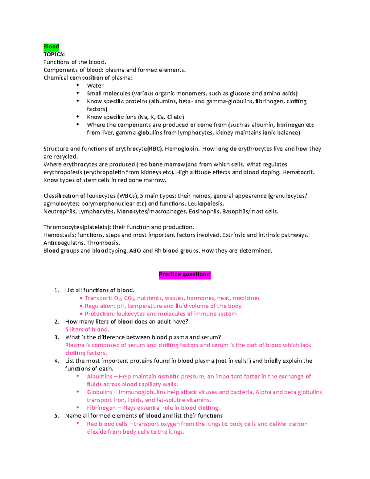 Blood Study Guide for Exam: Key Concepts and Functions of Blood - Studocu