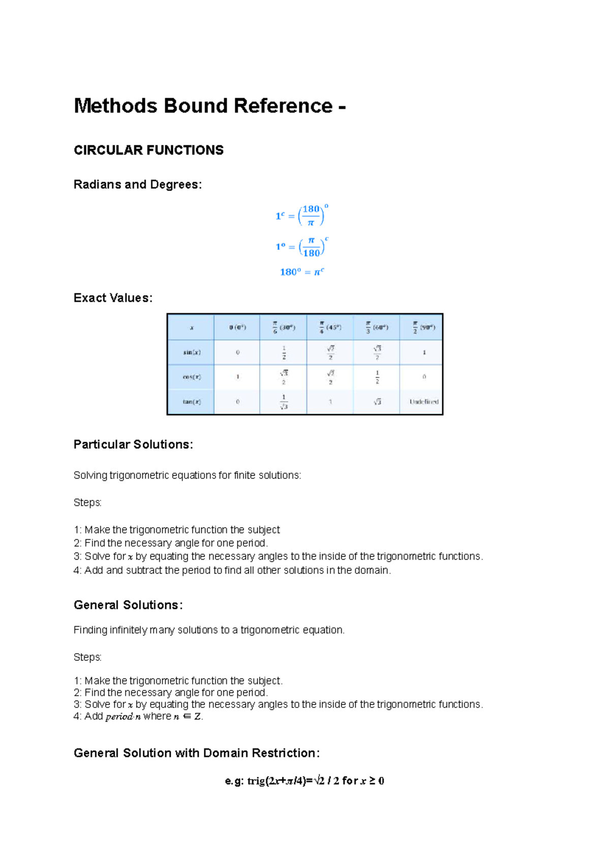 Methods Bound Reference: Trigonometric Equations & Integration ...