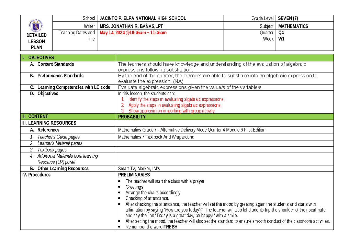 Detailed Lesson Plan in Mathematics for Grade 7 (Q1) - Studocu