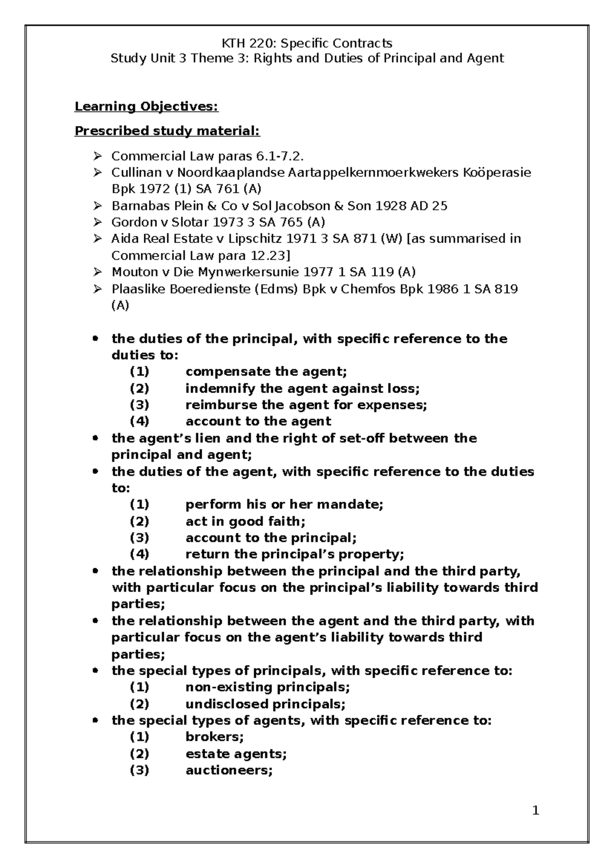 KTH 220: Study Unit 3 Theme 3 - Rights & Duties of Principal and Agent ...