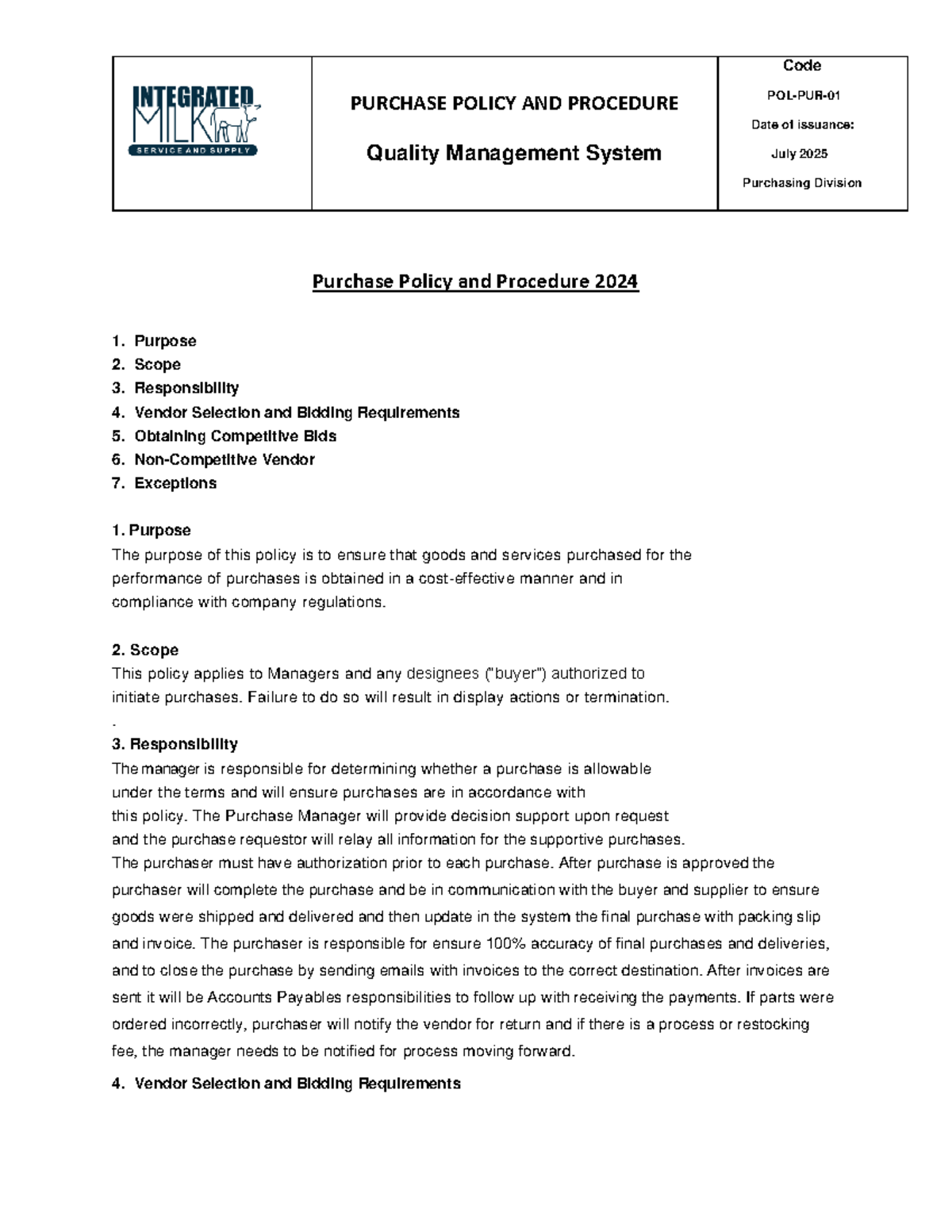 Integrated Purchase Policy & Procedure 2024 - Quality Management System ...