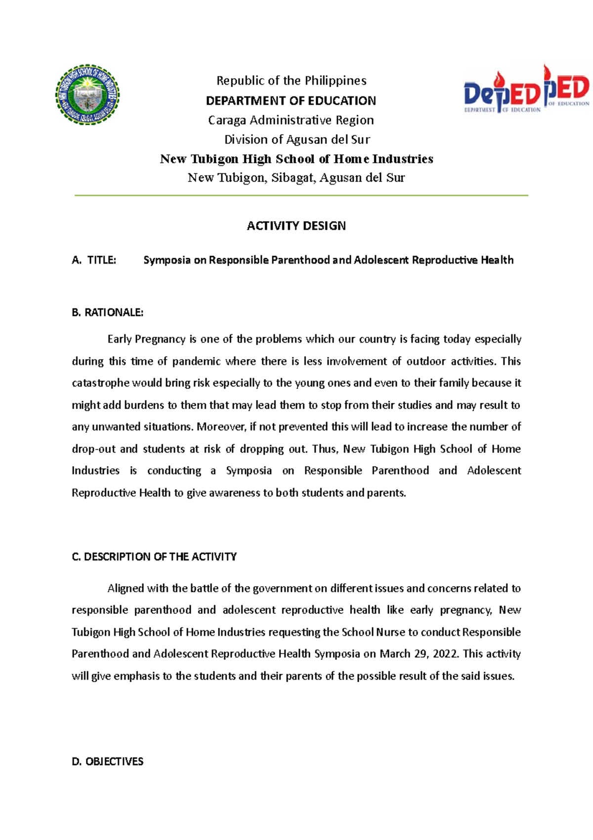 Activity Design- GAD - Republic of the Philippines DEPARTMENT OF ...