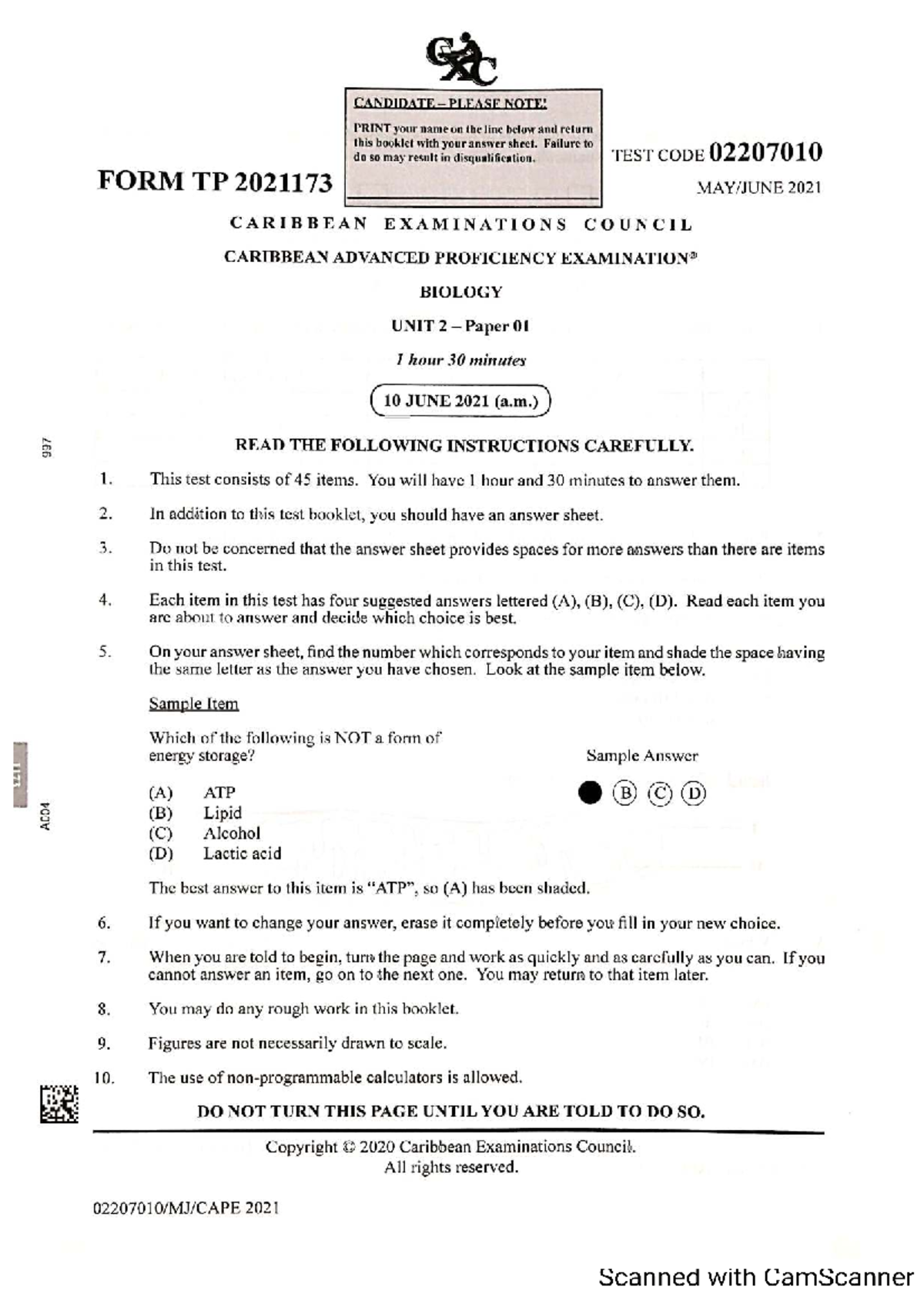Biology CAPE 2021 Unit 2 Paper 01 Exam Instructions and Questions - Studocu
