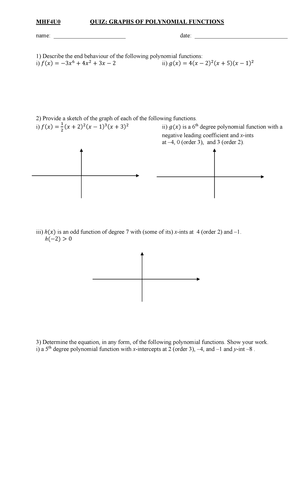 MHF4U0 QUIZ: Graphs of Polynomial Functions Practice - Studocu