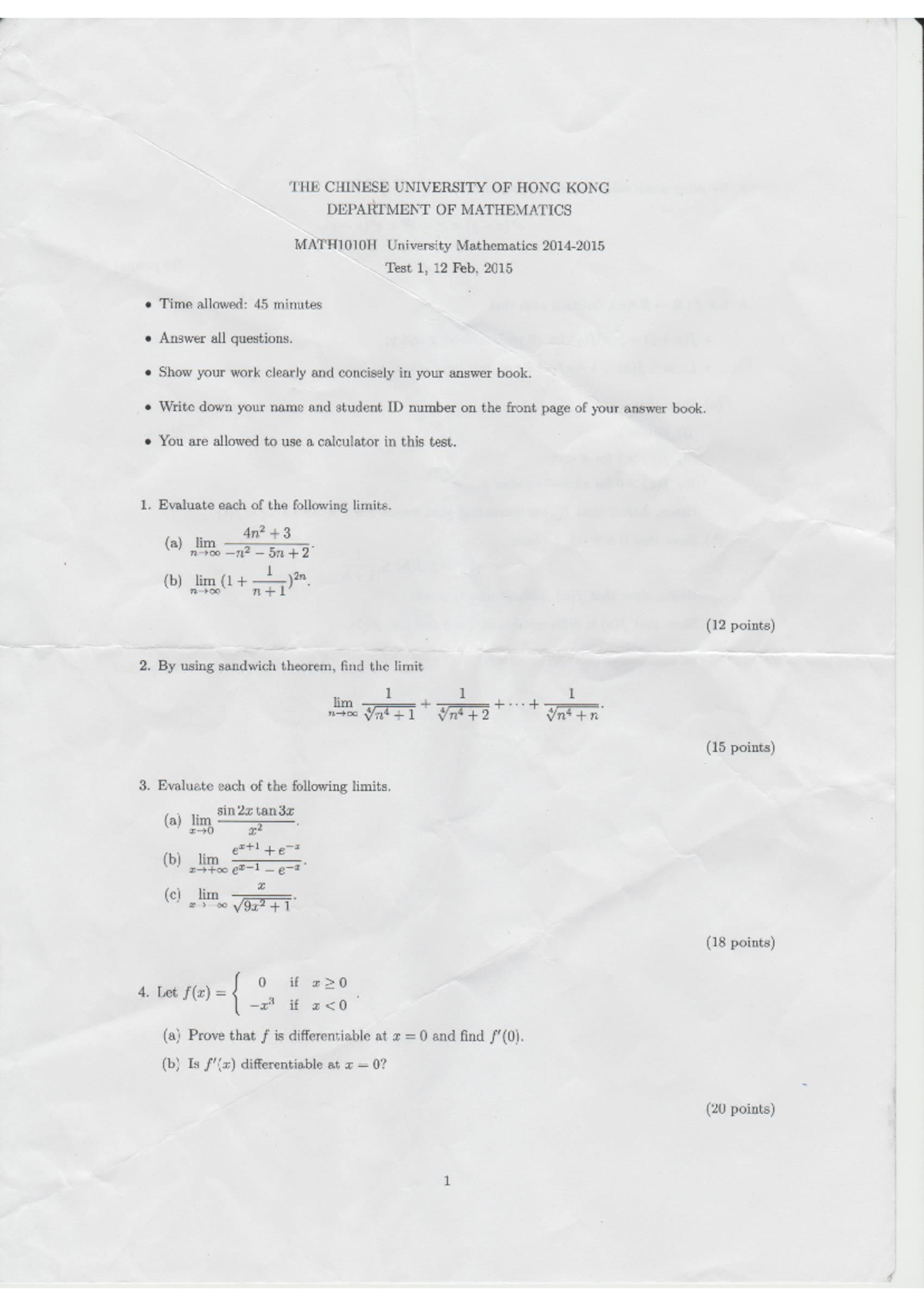 Math1010H Test Questions - 15 November 2015 Evaluation and Limits - Studocu
