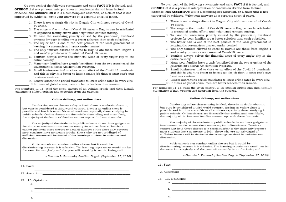 Fact and assertion - Go over each of the following statements and write ...