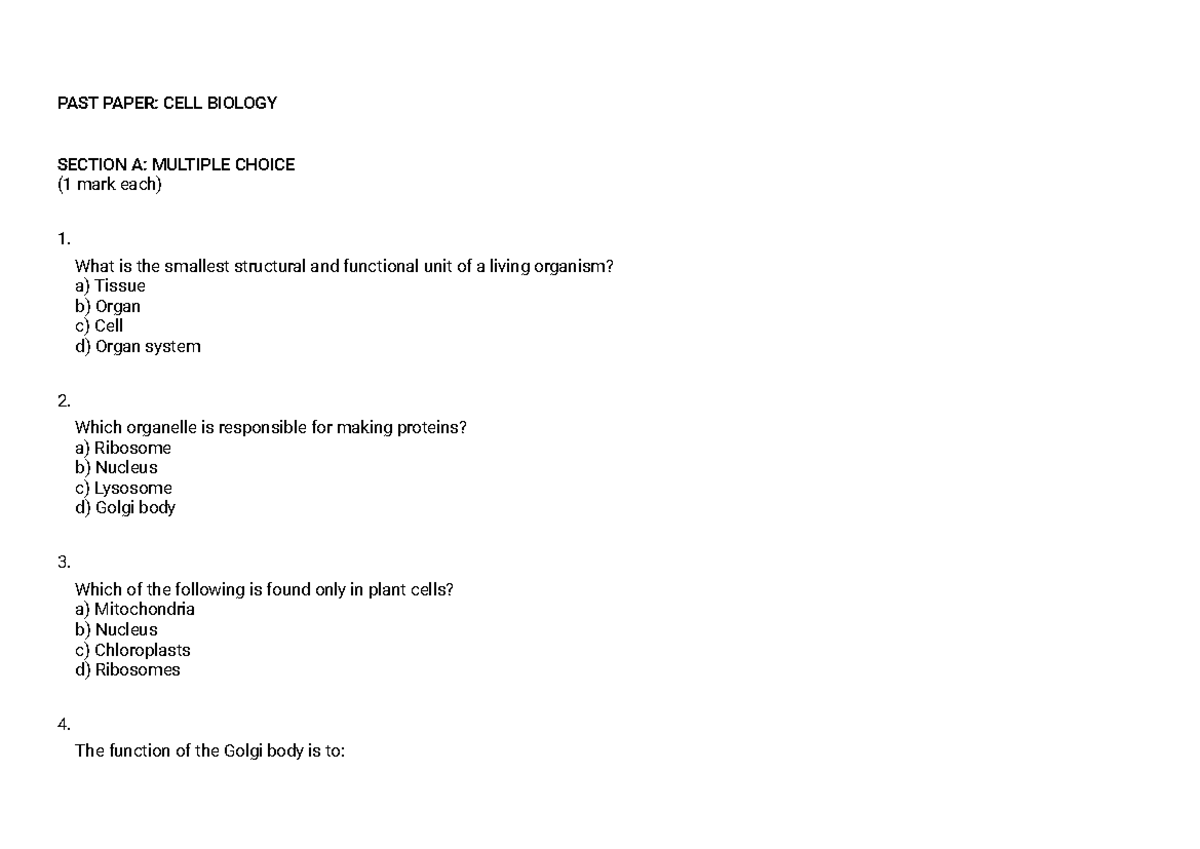 Biology Cells Past Papers