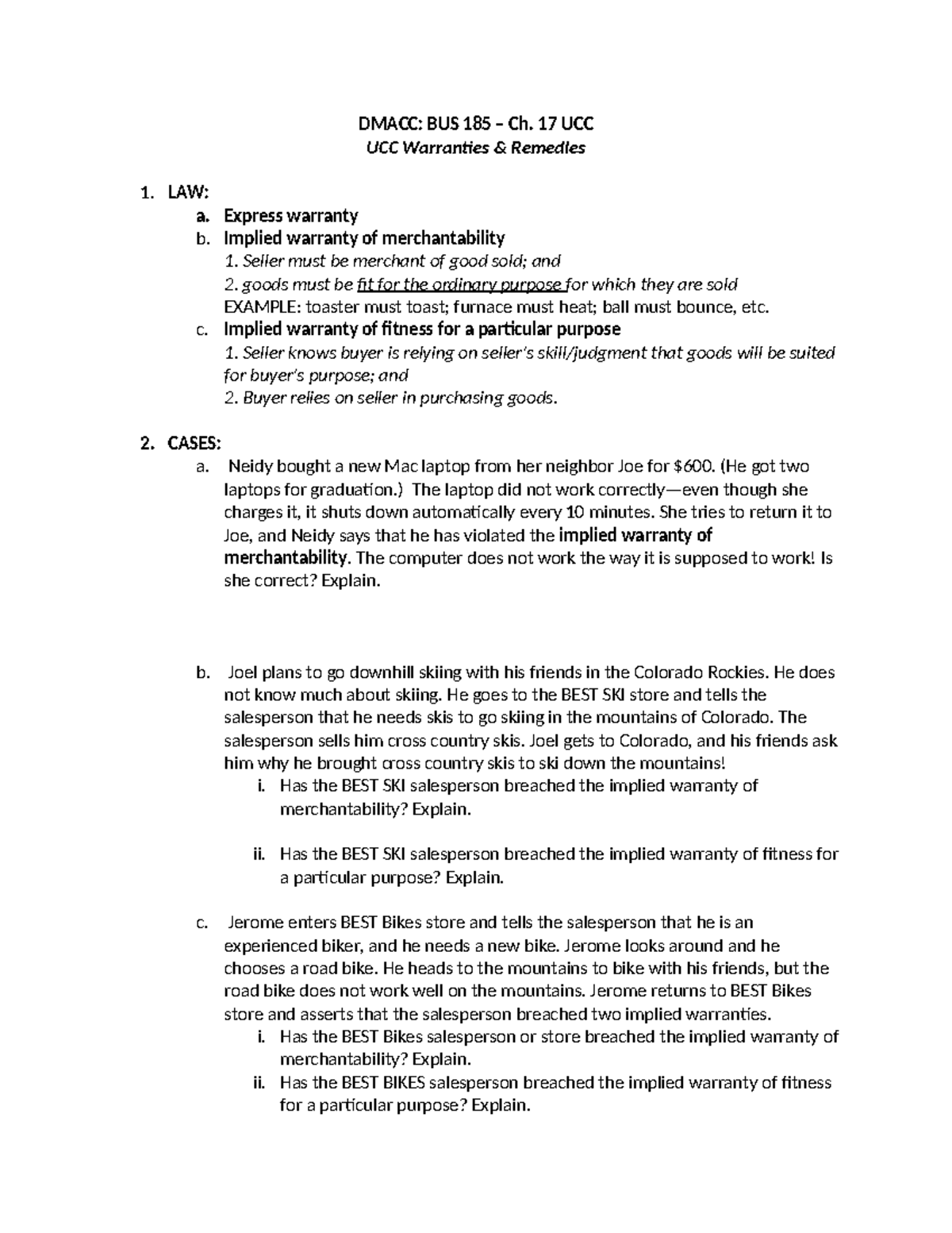 BUS 185 Midterm Notes: UCC Warranties & Legal Remedies Analysis - DMACC ...