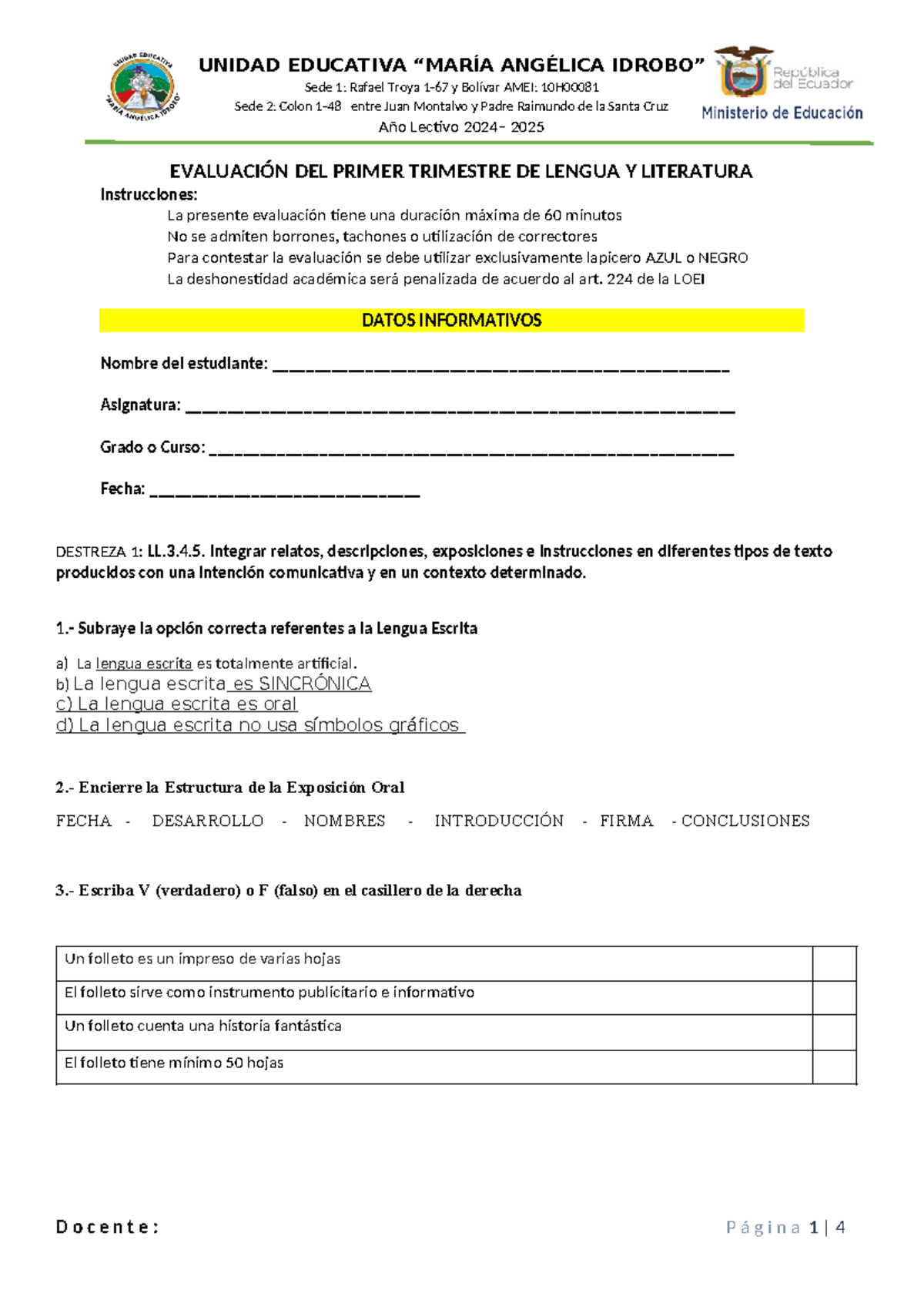 Evaluación Primer Trimestrre de Lengua 7C - Instrucciones y Preguntas ...