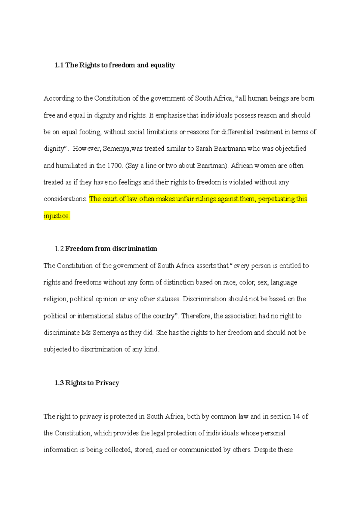 Rights to Freedom and Equality in South Africa's Constitution - Studocu