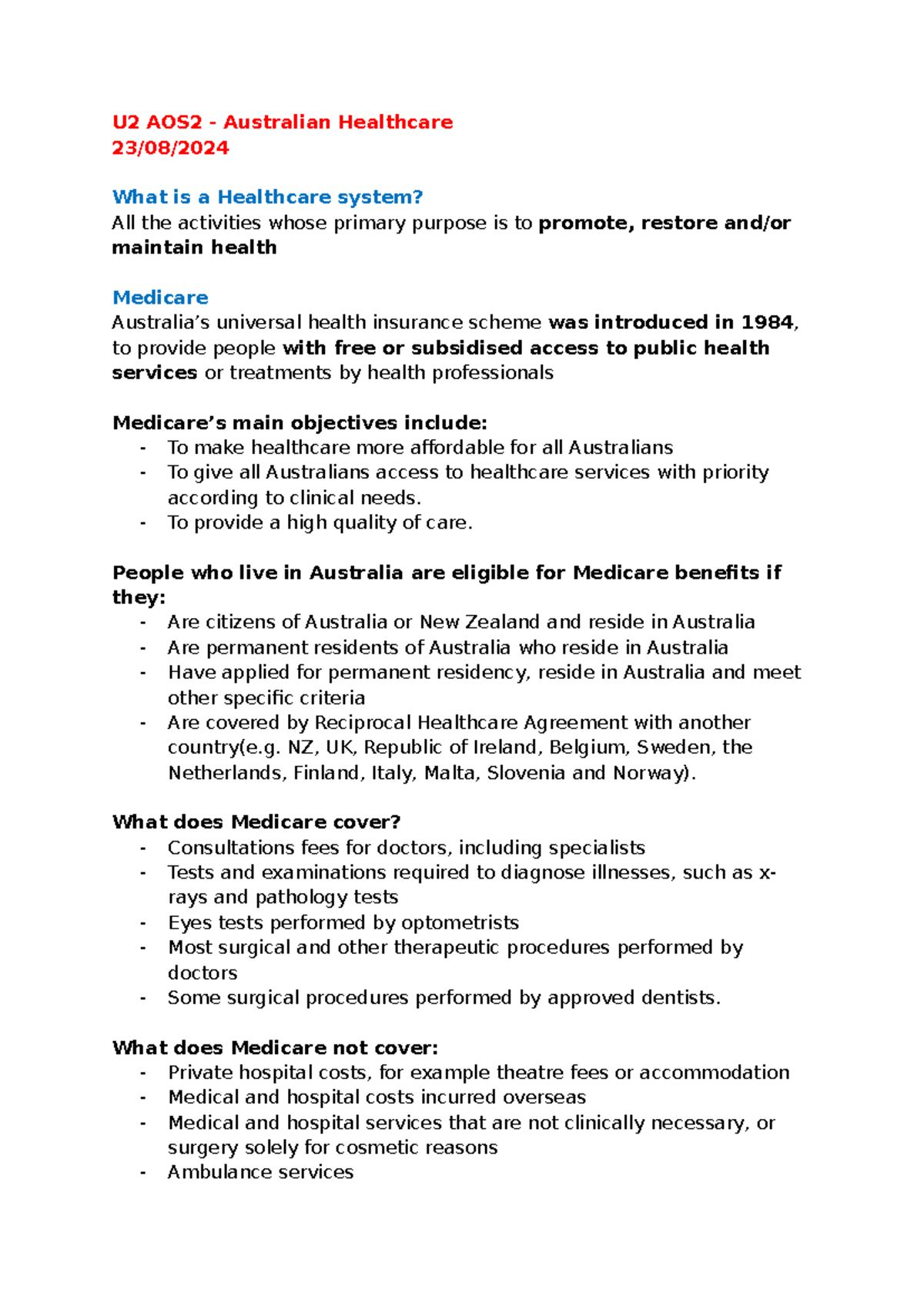 U2 AOS2 Medicare Overview - Key Notes on Australian Healthcare - Studocu