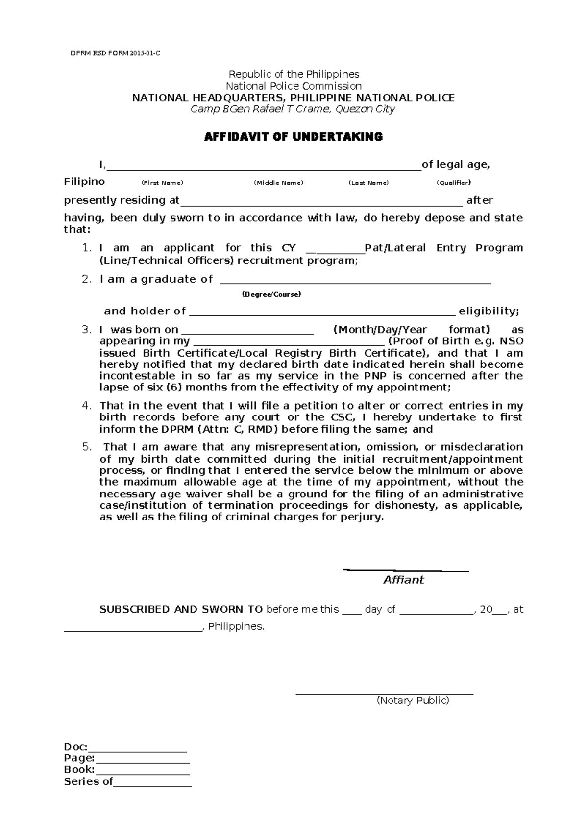 DPRM RSD FORM: Affidavit of Undertaking for PNP Entry Program - Studocu