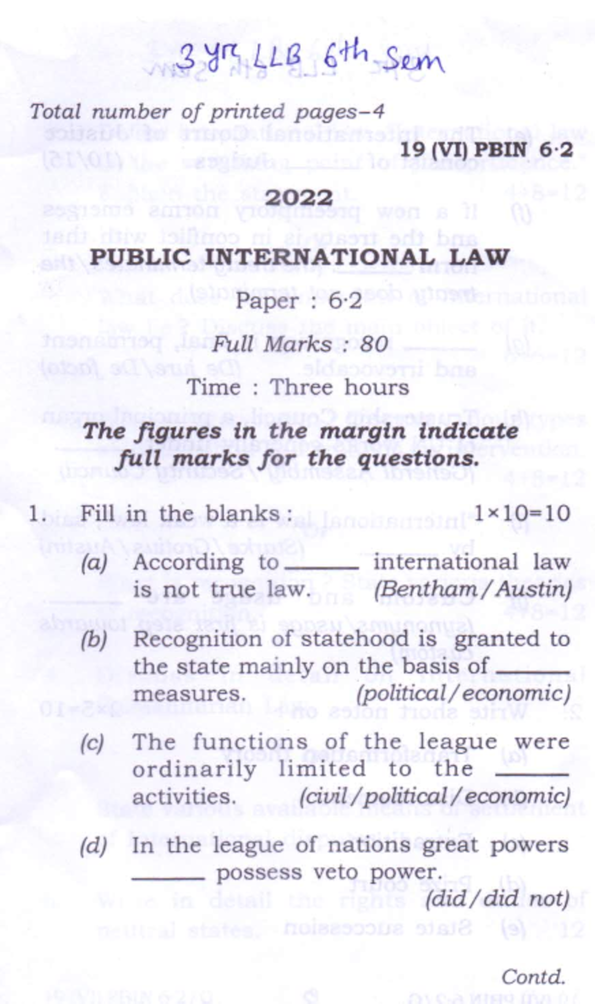 3 Yr LLB 6th Sem Public International Law - Exam Paper 6.2 (2022) - Studocu