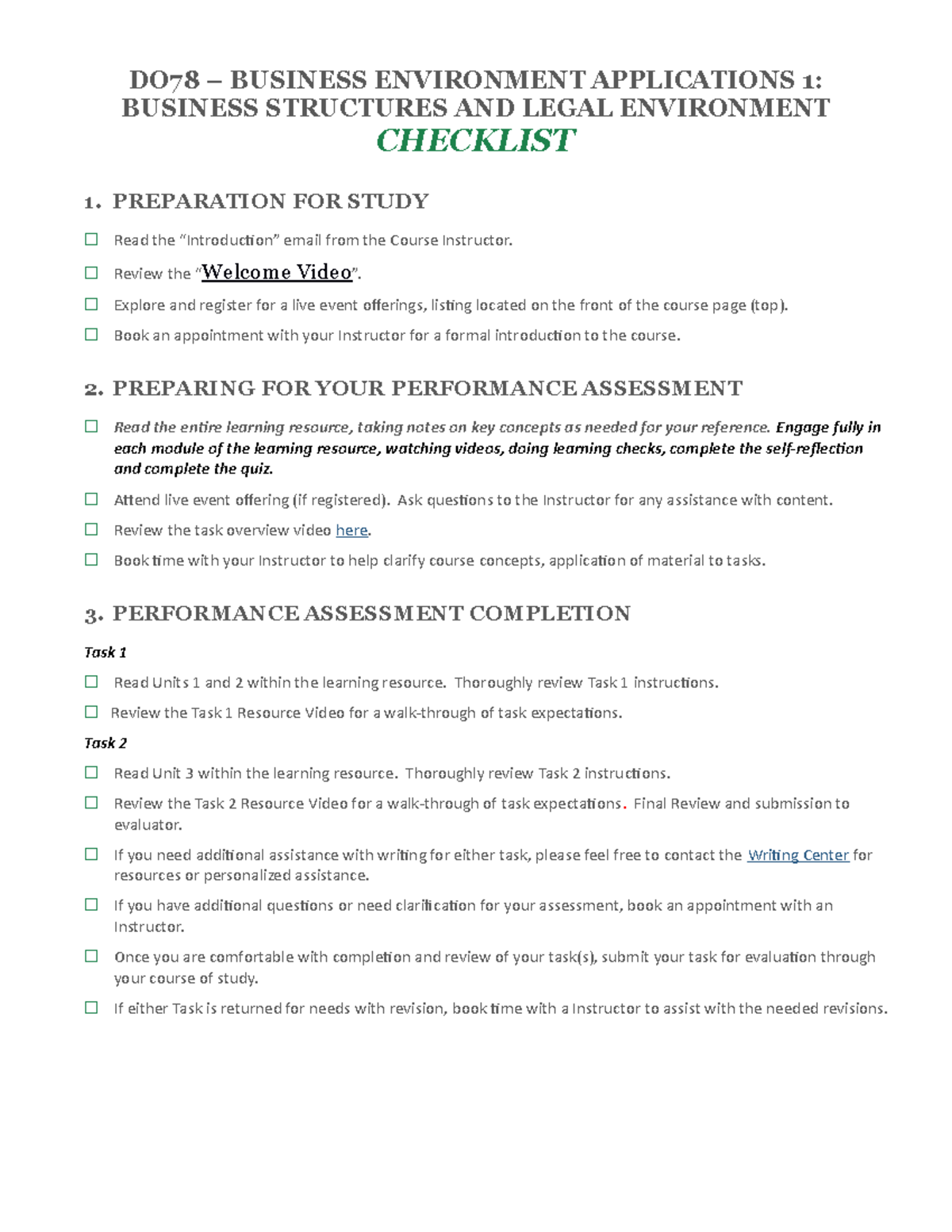 D078 Checklist - DO78 – BUSINESS ENVIRONMENT APPLICATIONS 1: BUSINESS ...