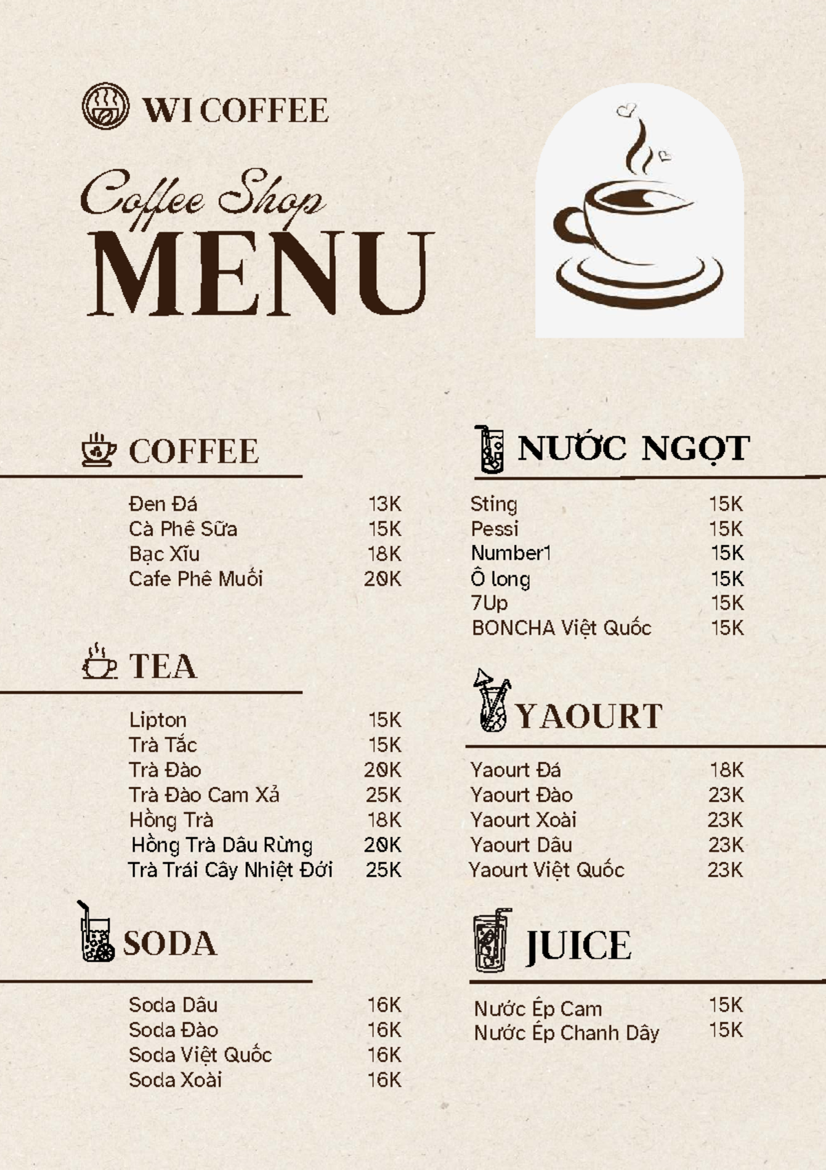 WI COFFEE Coffee Shop Menu: Nước Ngọt, Trà, Soda, Juice & Prices - Studocu