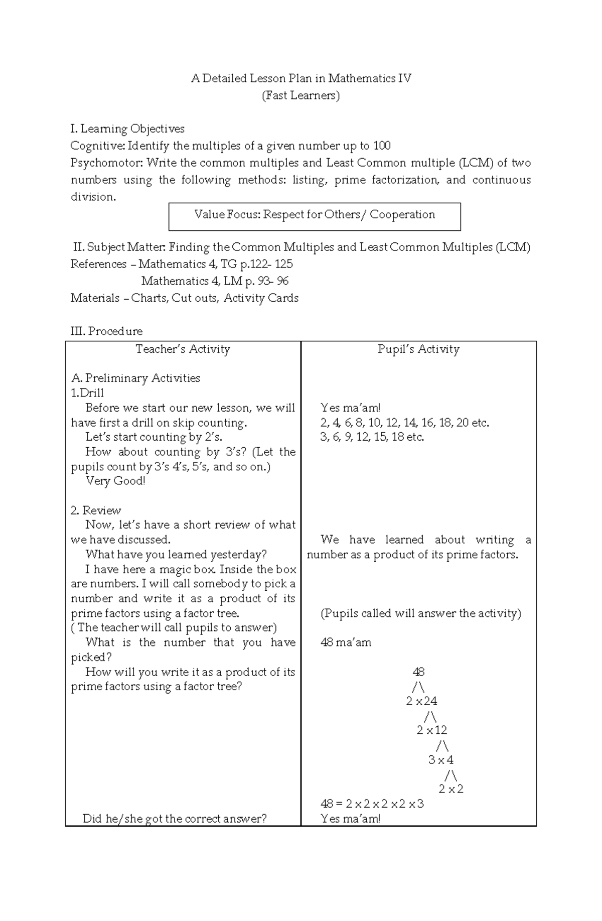 Detailed Lesson Plan: Finding LCM in Math IV (Fast Learners) - Studocu