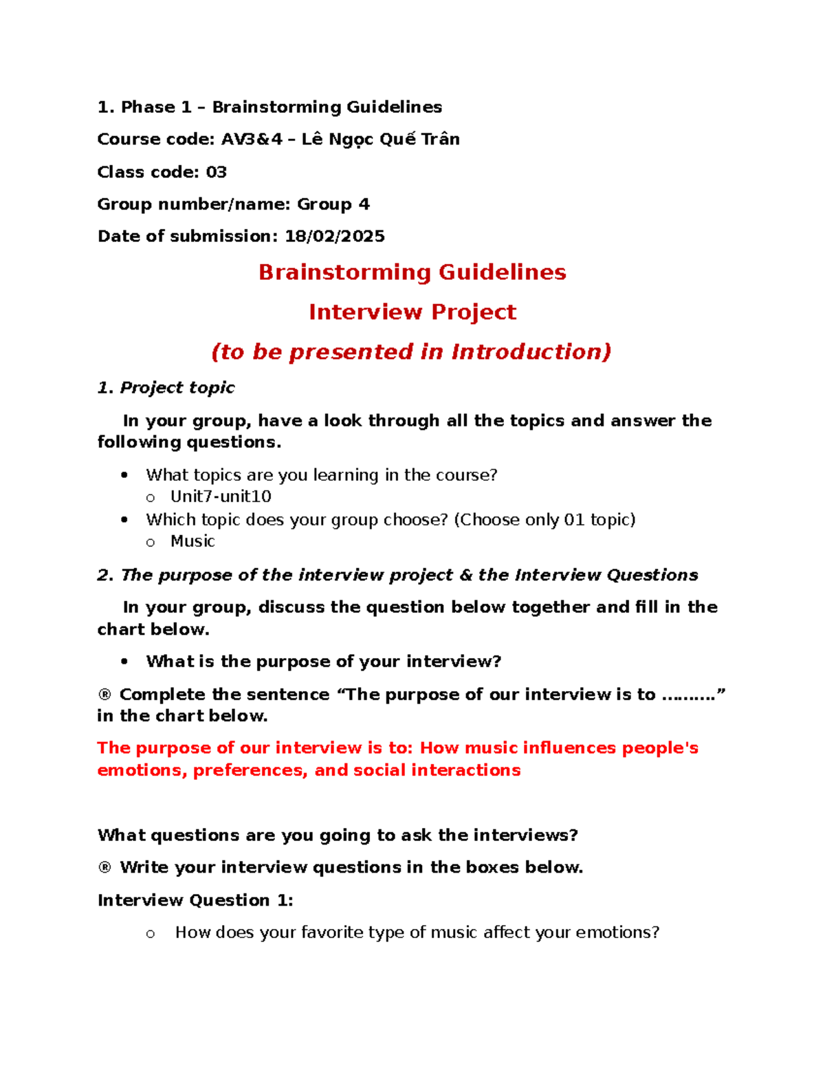 AV3&4-Brainstorming Guidelines & Interview Project on Music - Studocu