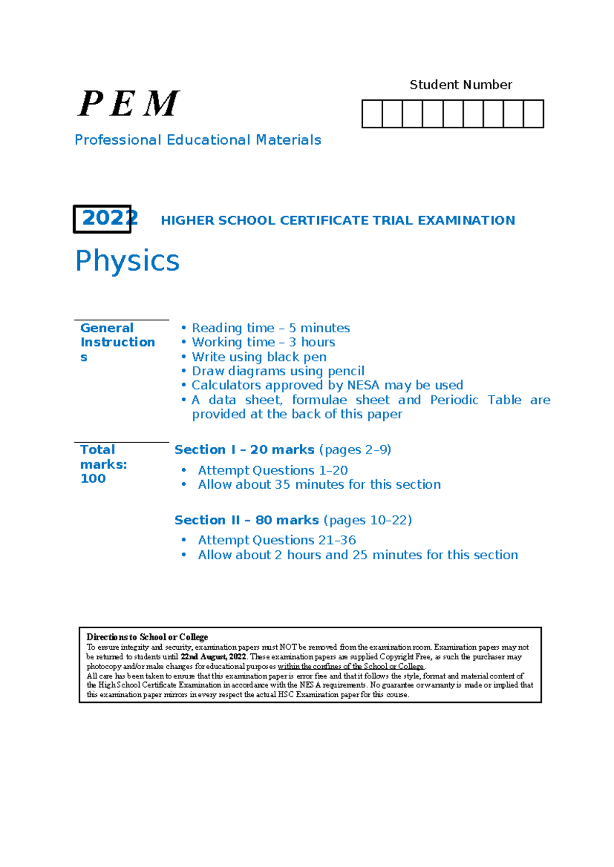 PEM 2022 HSC Physics Trial Exam Paper: Comprehensive Guide - Studocu