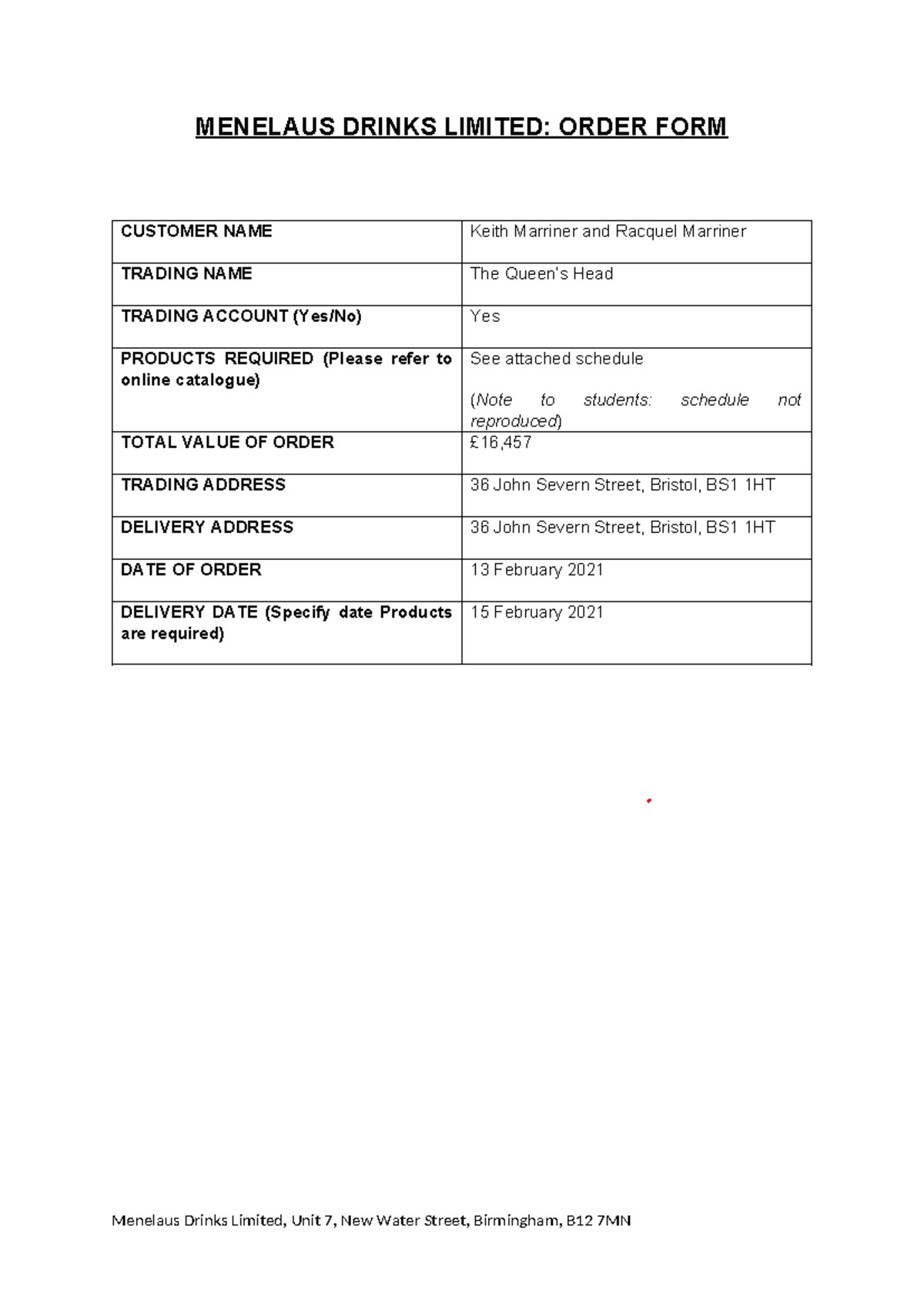 WS1 Menelaus Drinks Limited: Order Forms & Confirmations - Studocu