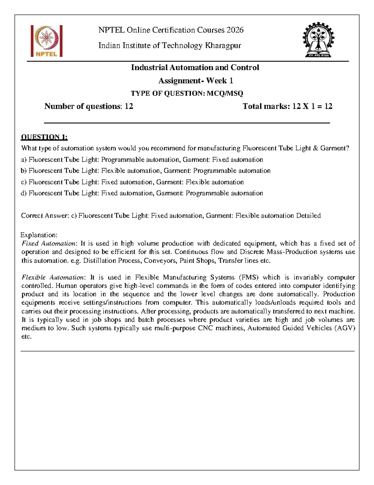 Assignment 1: Industrial Automation & Control (IAC) NPTEL 2026 - Studocu