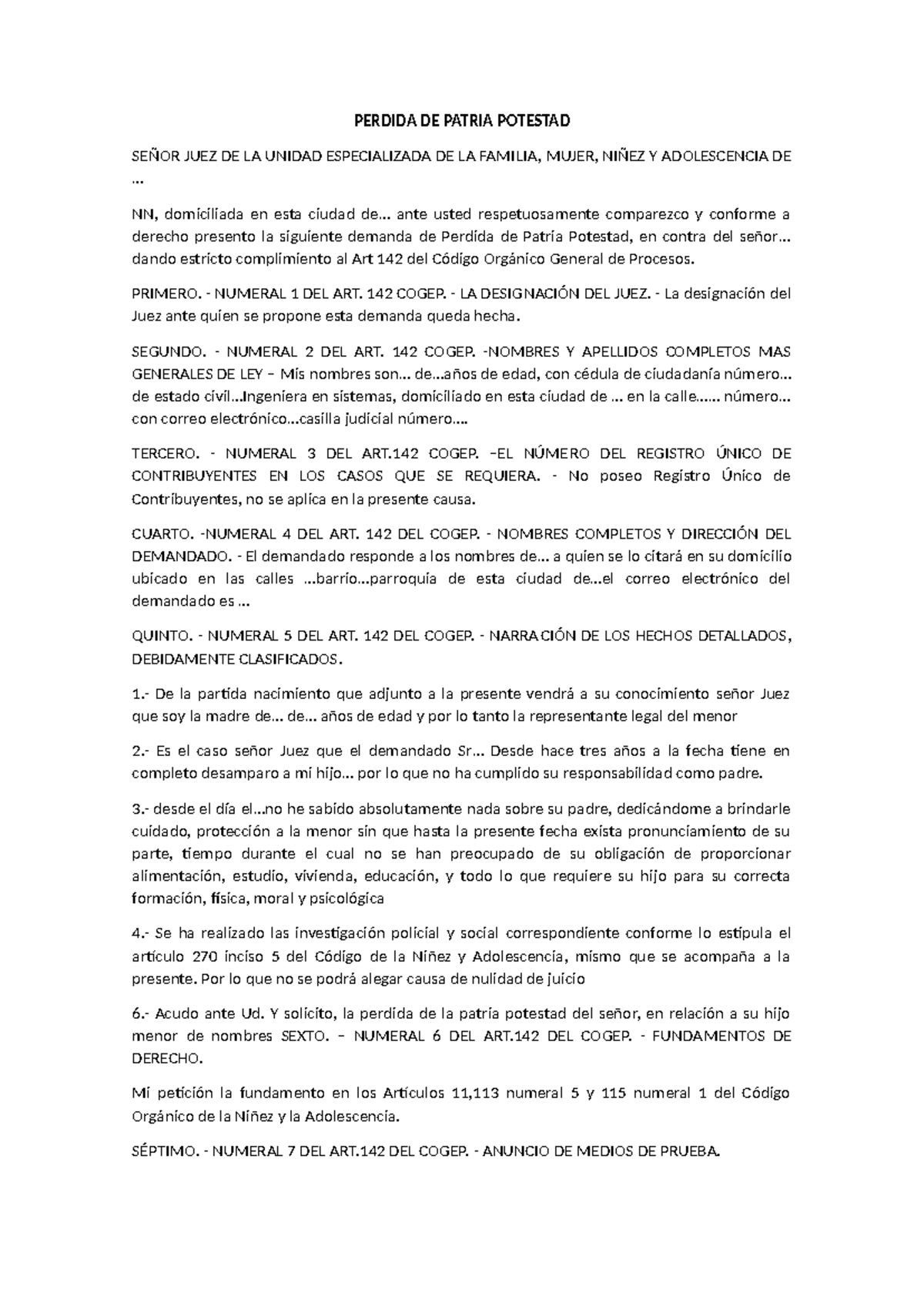 Demanda de Pérdida de Patria Potestad - Art. 142 COGEP - Document Preview