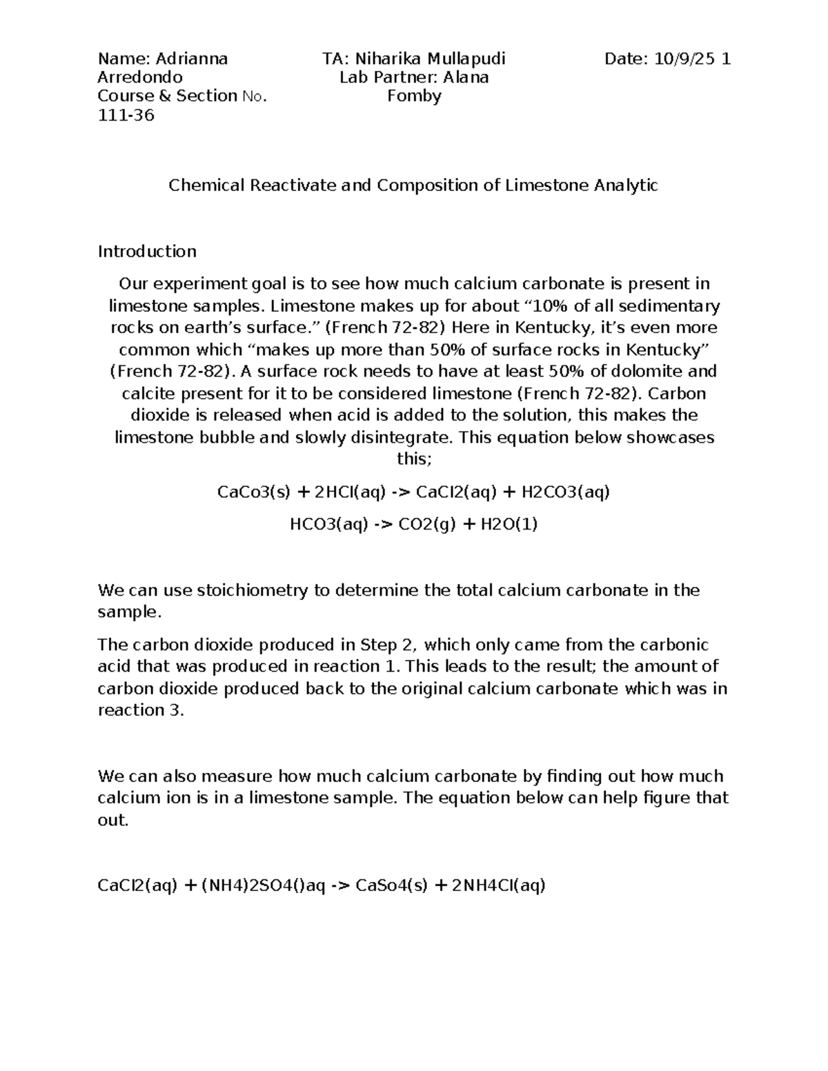 Lab Report: Analyzing Calcium Carbonate in Limestone (CHEM 101) - Studocu