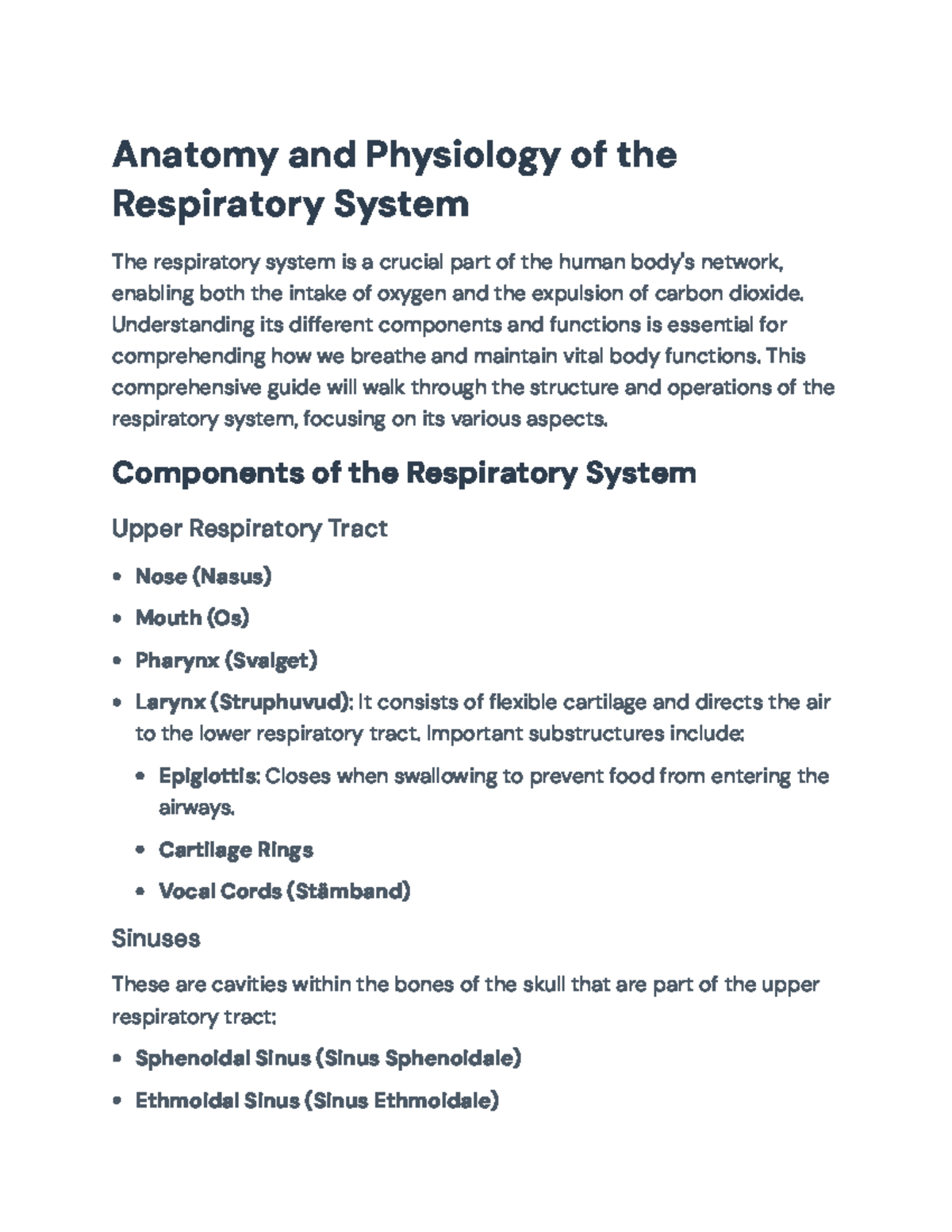 Anatomy and Physiology of the Respiratory System - Overview and ...